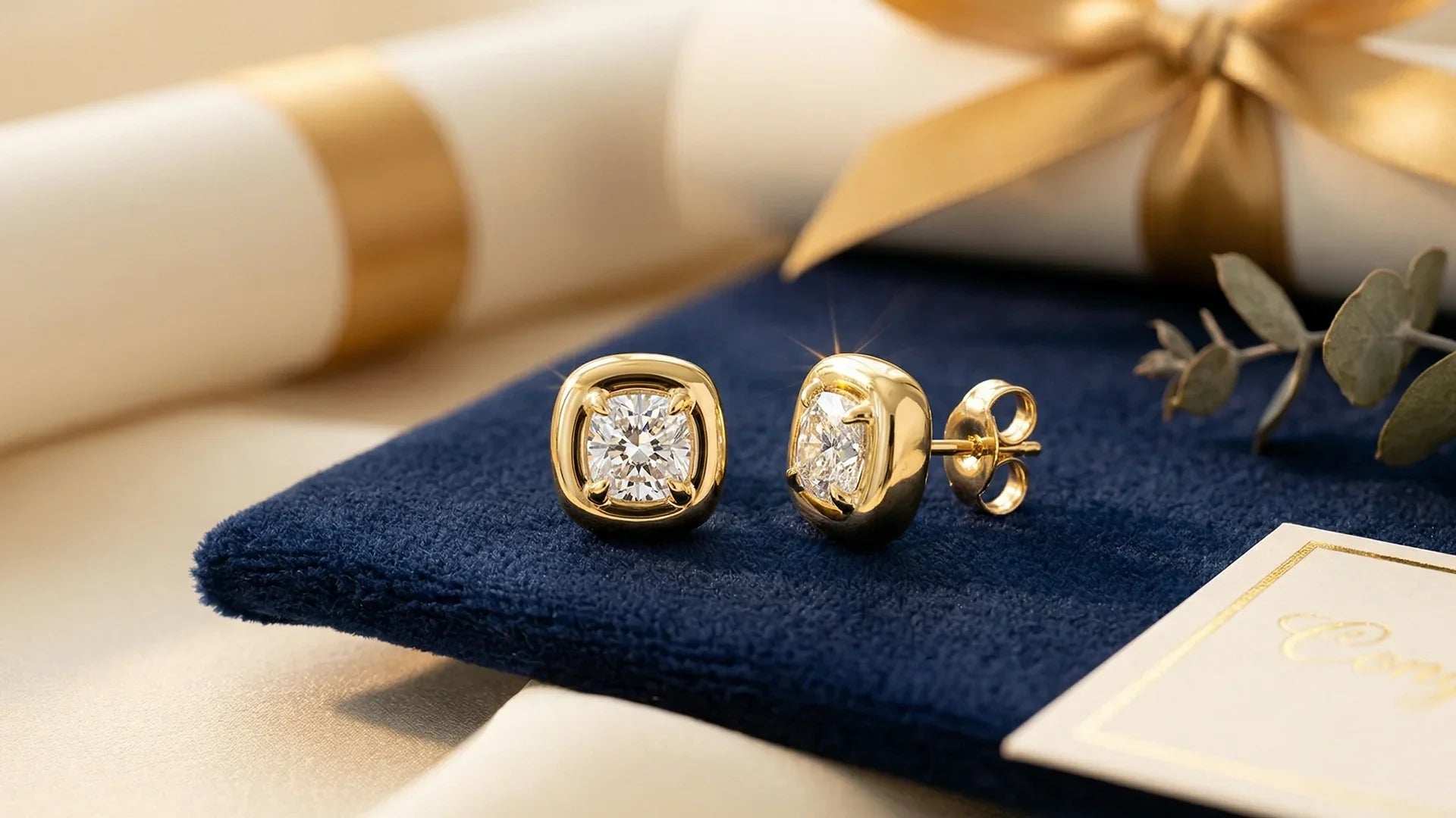 Lab-grown diamond studs on graduation cap with diploma