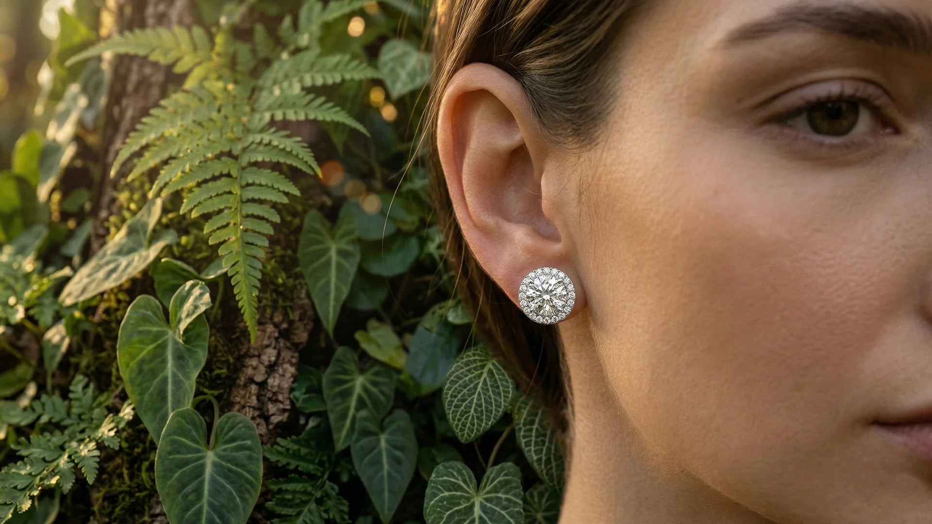 Lab-grown diamond halo stud earring with green foliage background 