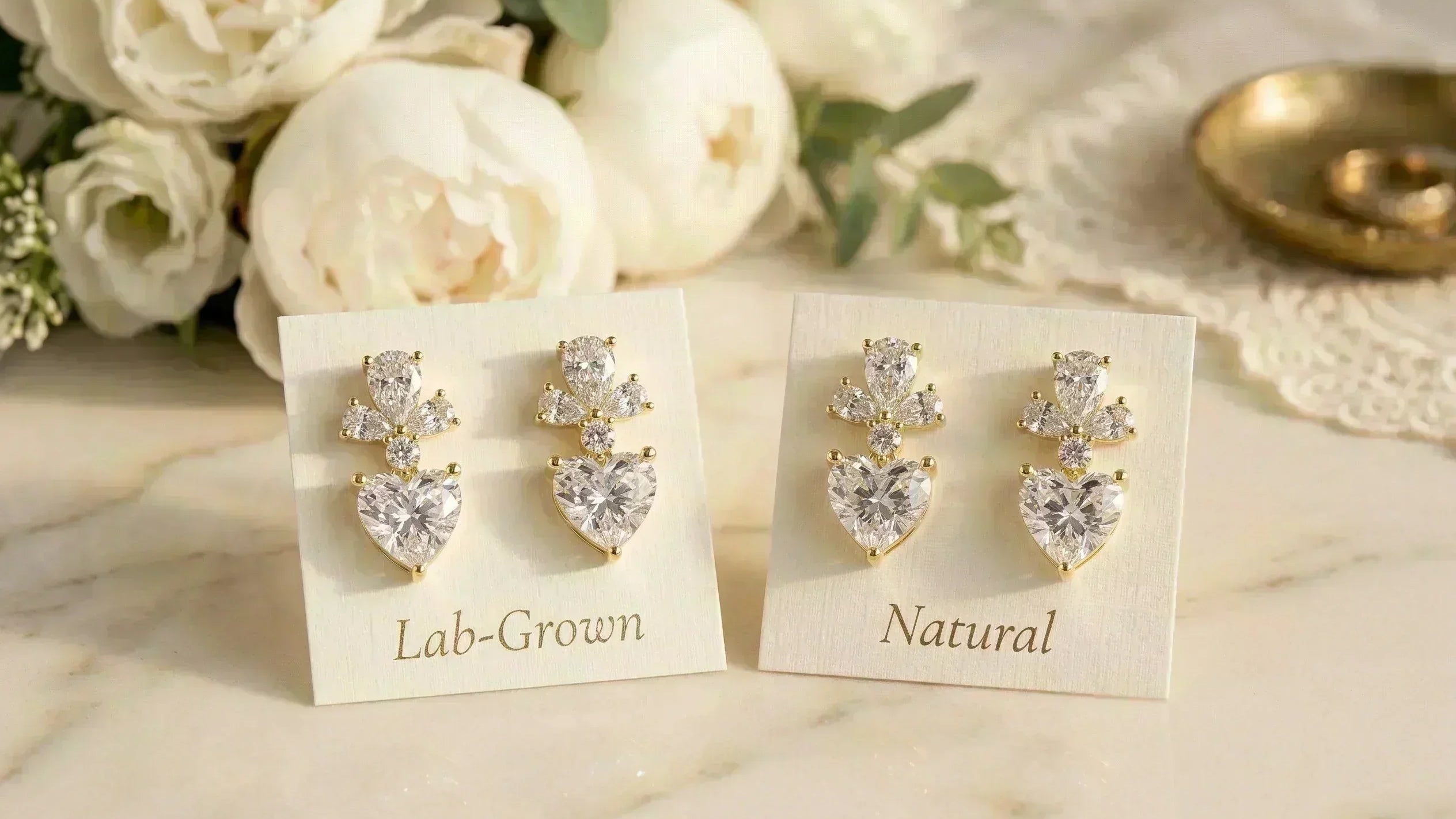 Side-by-side comparison of a lab-grown diamond earring and a natural diamond earring showing identical sparkle and brilliance.