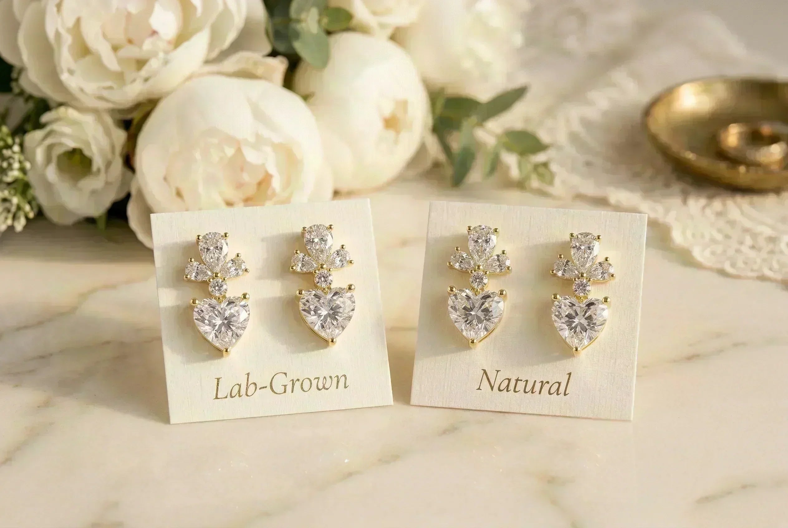 Side-by-side comparison of a lab-grown diamond earring and a natural diamond earring showing identical sparkle and brilliance.
