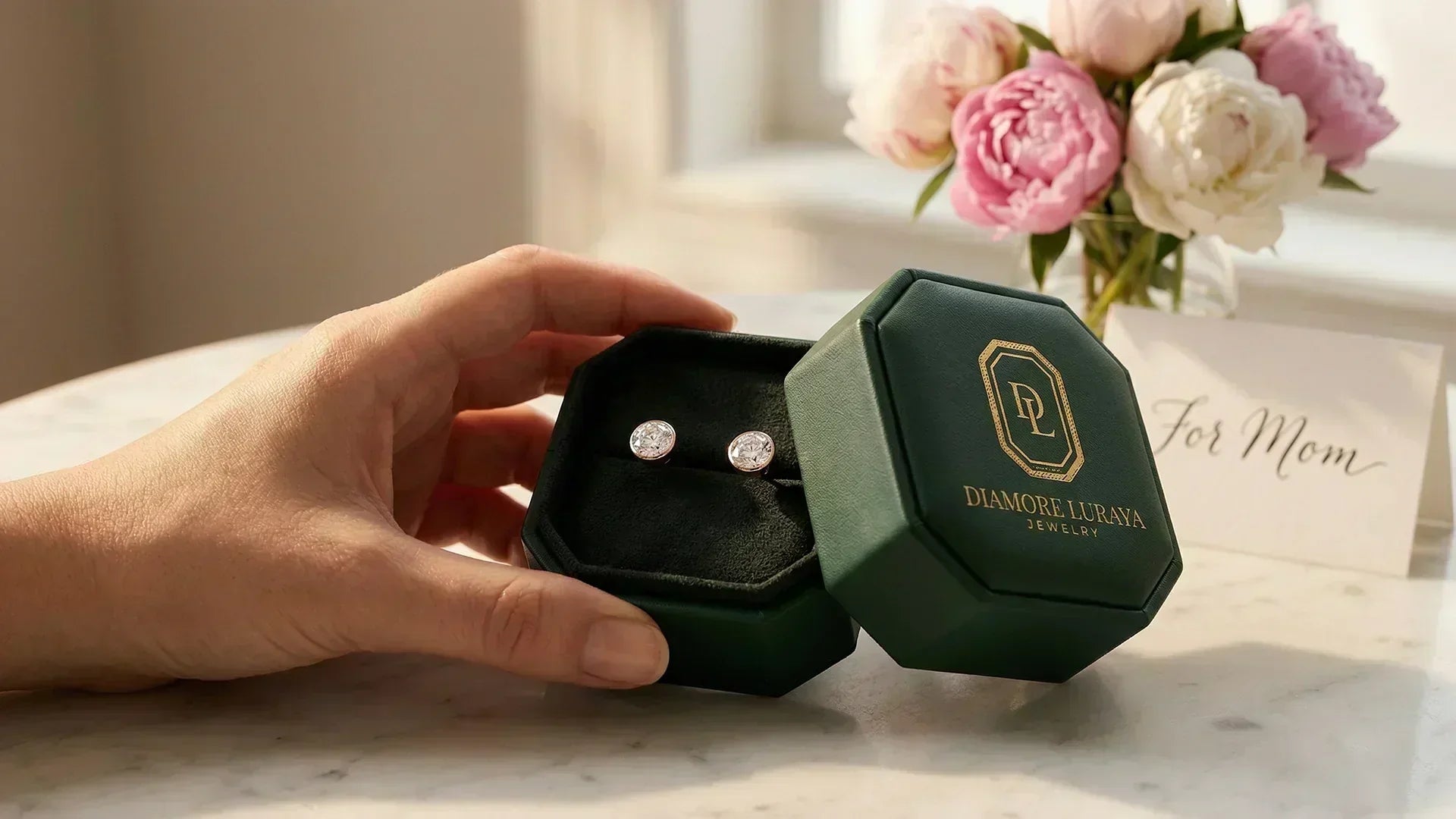 Lab-grown diamond round bezel stud earrings in gift box for Mother's Day
