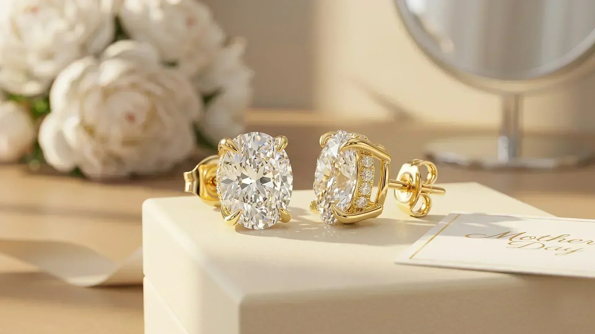Oval hidden halo diamond earrings Mother's Day gift box