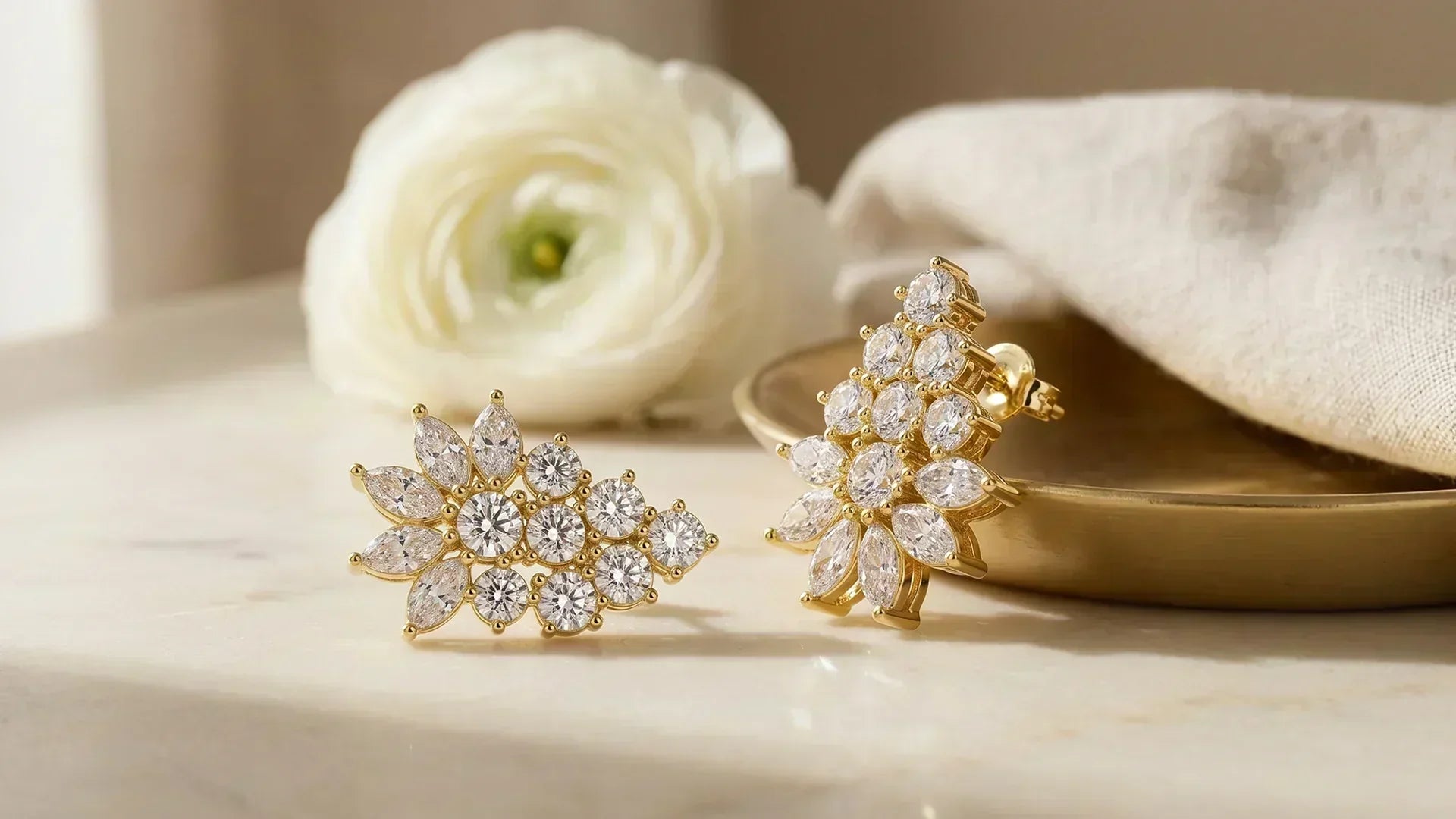 Cressida Studs lab-grown diamond earrings on marble vanity