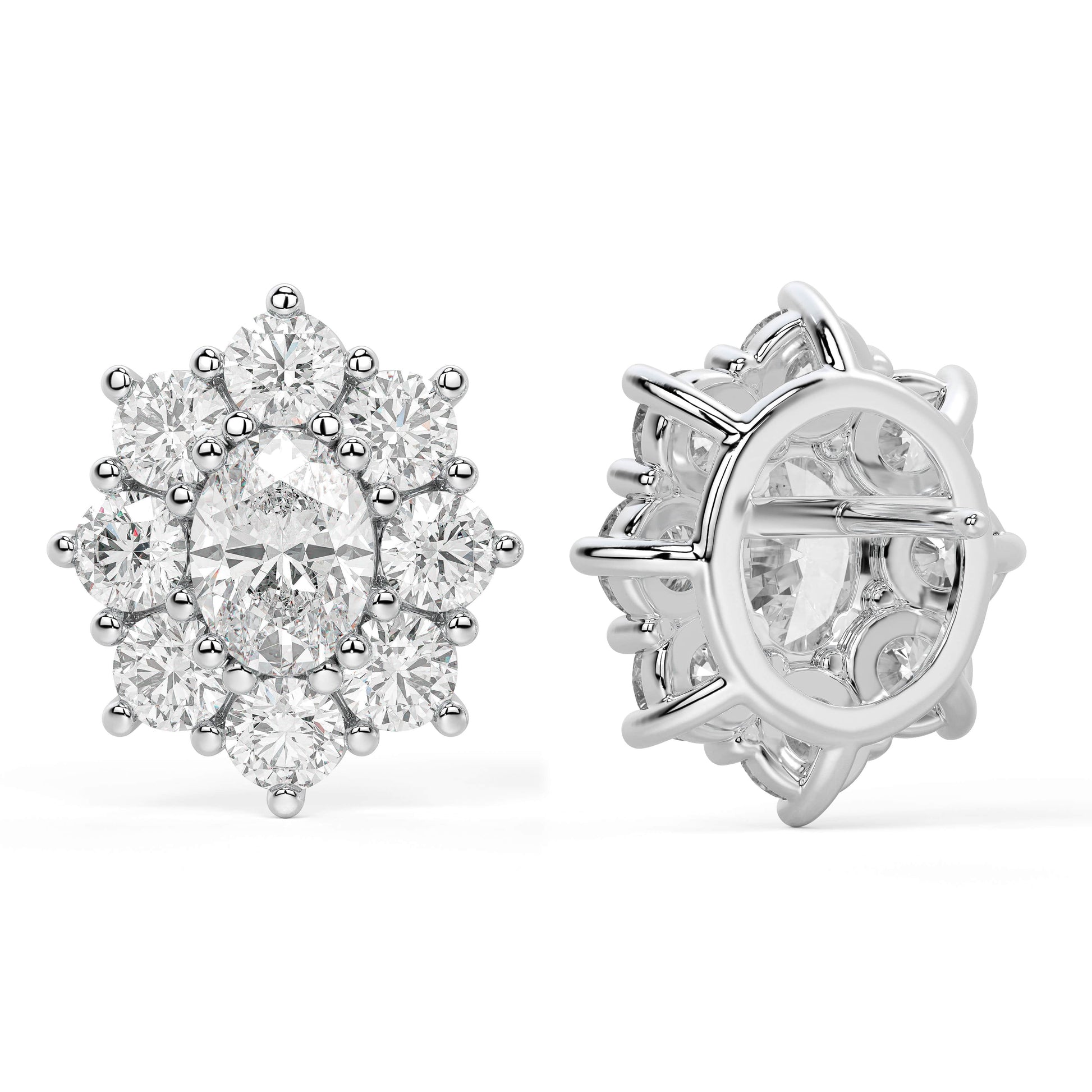 Front and rear views of white gold lab-grown diamond stud earrings in vintage halo cluster design with oval focal stone and round accents, sustainable luxury