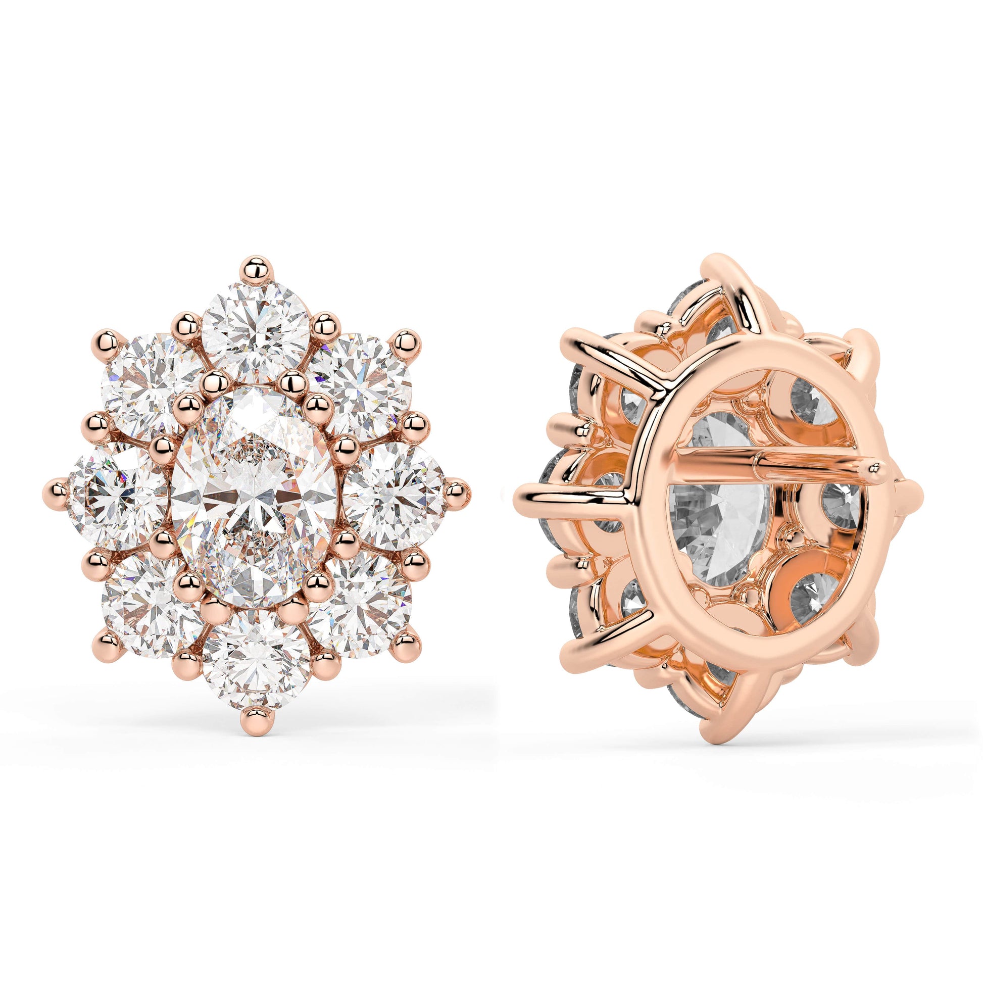 Front and back perspectives of rose gold lab-grown diamond stud earrings featuring halo cluster with oval diamond and round brilliants, ethical fine jewelry