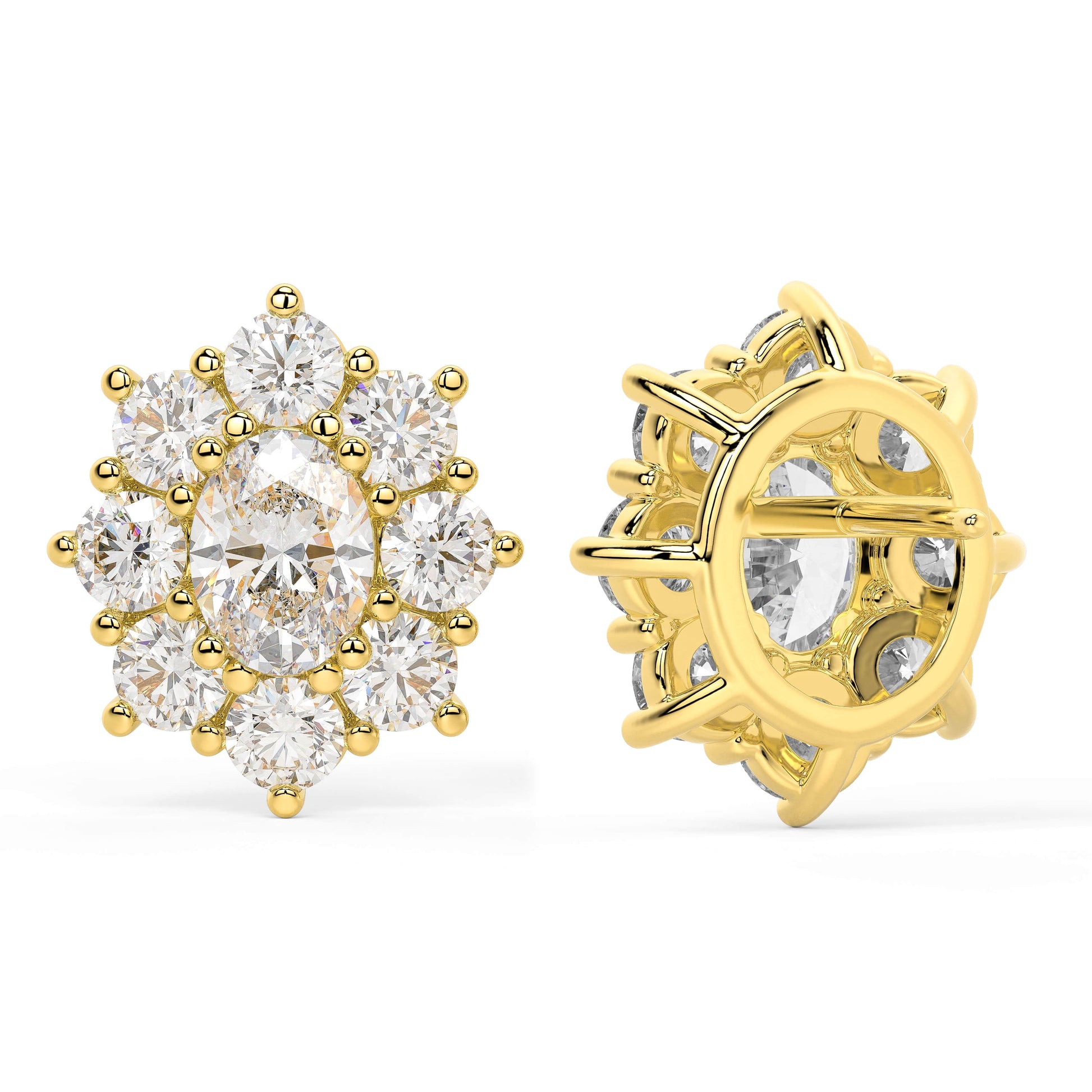 Front and back views of yellow gold lab-grown diamond stud earrings in halo cluster style with central oval diamond and surrounding rounds, premium ethical jewelry