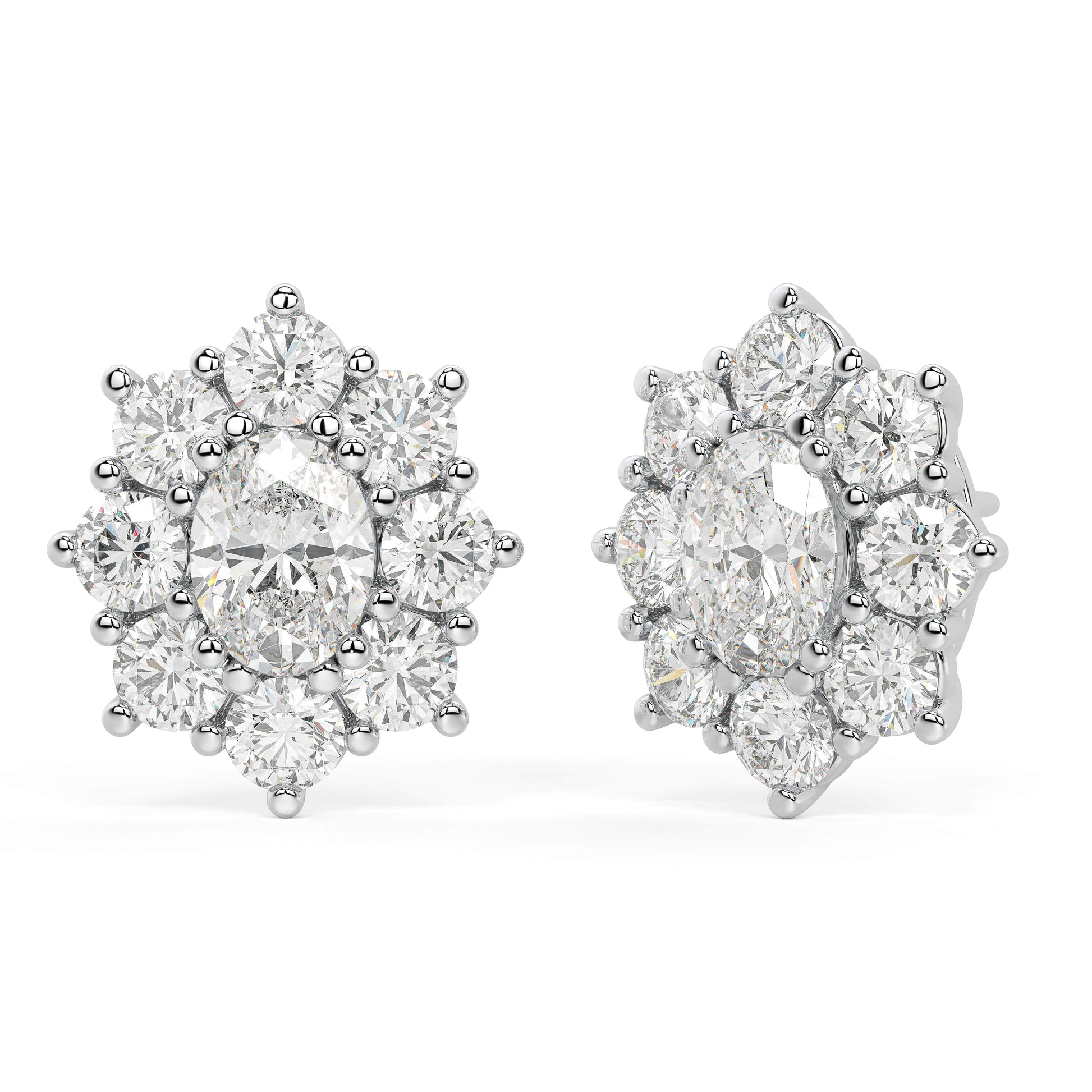 Angled perspective of white gold lab-grown diamond cluster stud earrings featuring oval halo and sparkling round cuts, pair displayed, elegant bridal jewelry