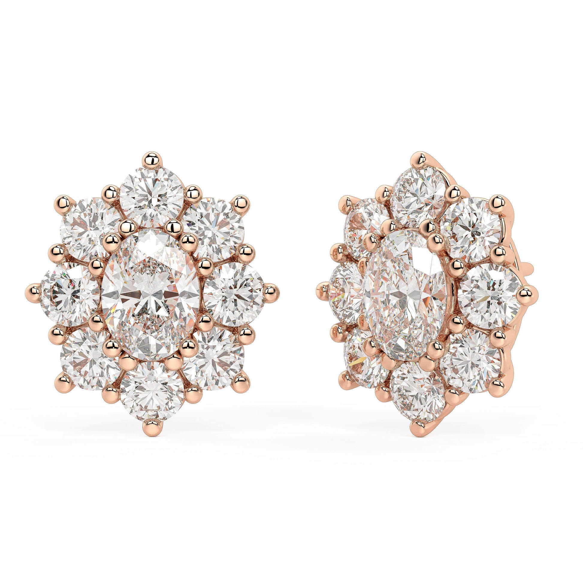 Angled shot of rose gold lab-grown diamond cluster stud earrings in oval halo style with multiple brilliant-cut diamonds, pair illustrated, trendy luxury earrings