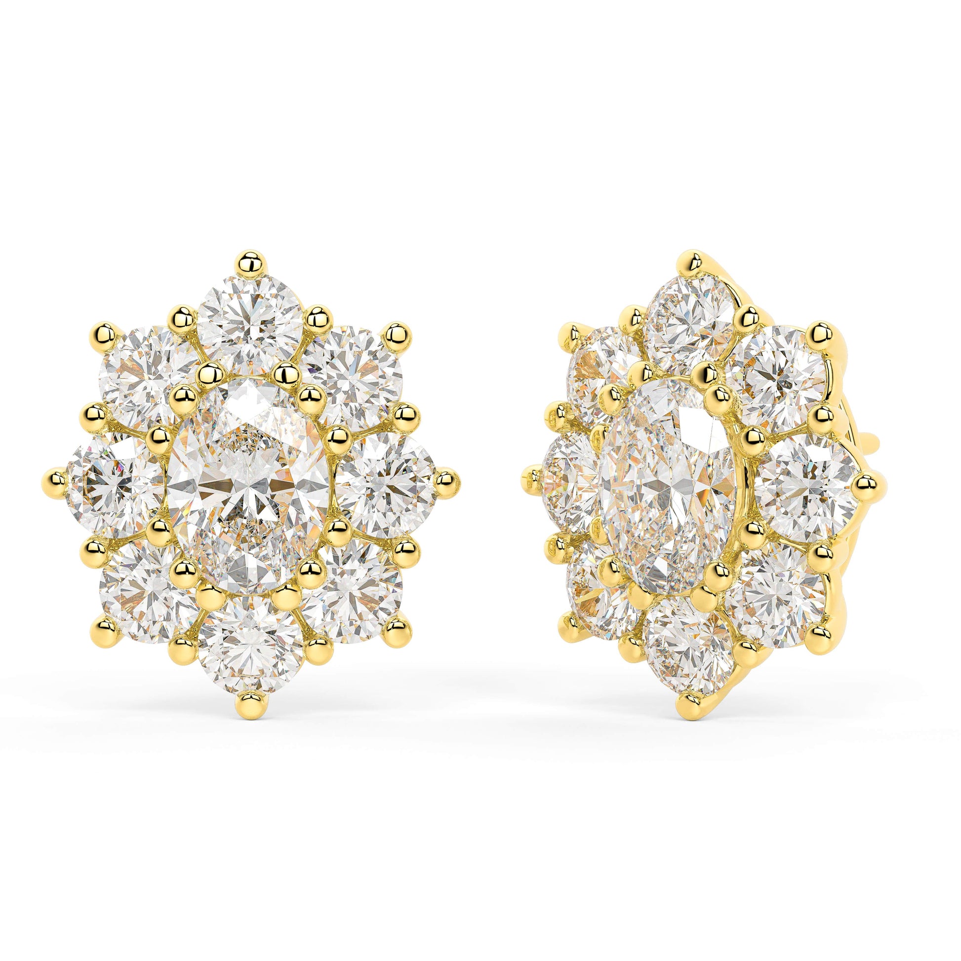 Angled view of yellow gold lab-grown diamond cluster stud earrings with oval halo design and multiple brilliant-cut diamonds, pair shown, vintage-inspired luxury earrings