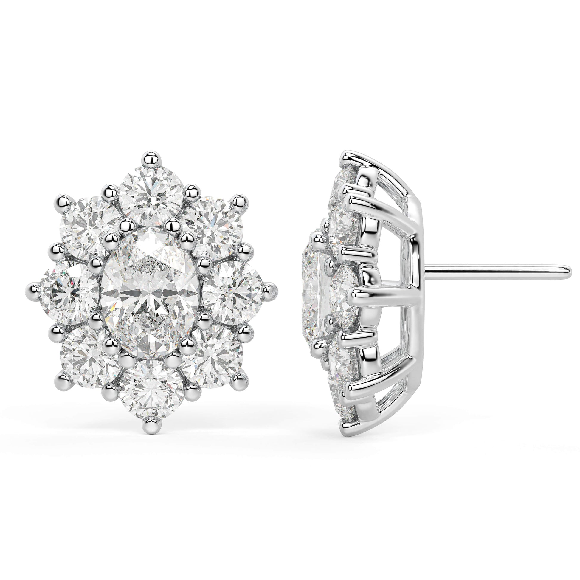Side profile of white gold lab-grown diamond oval halo earrings showing secure post and detailed cluster prongs with round diamonds, high-end jewelry craftsmanship