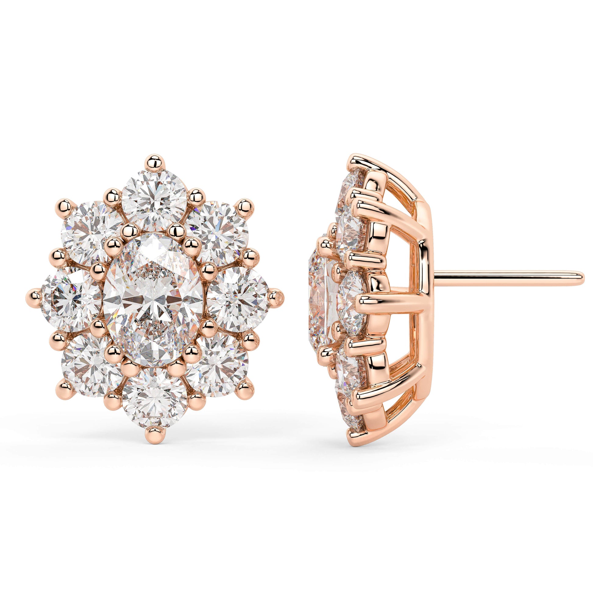 Side view of rose gold lab-grown diamond oval halo earrings highlighting the post and elaborate cluster setting with round stones, exquisite jewelry detail
