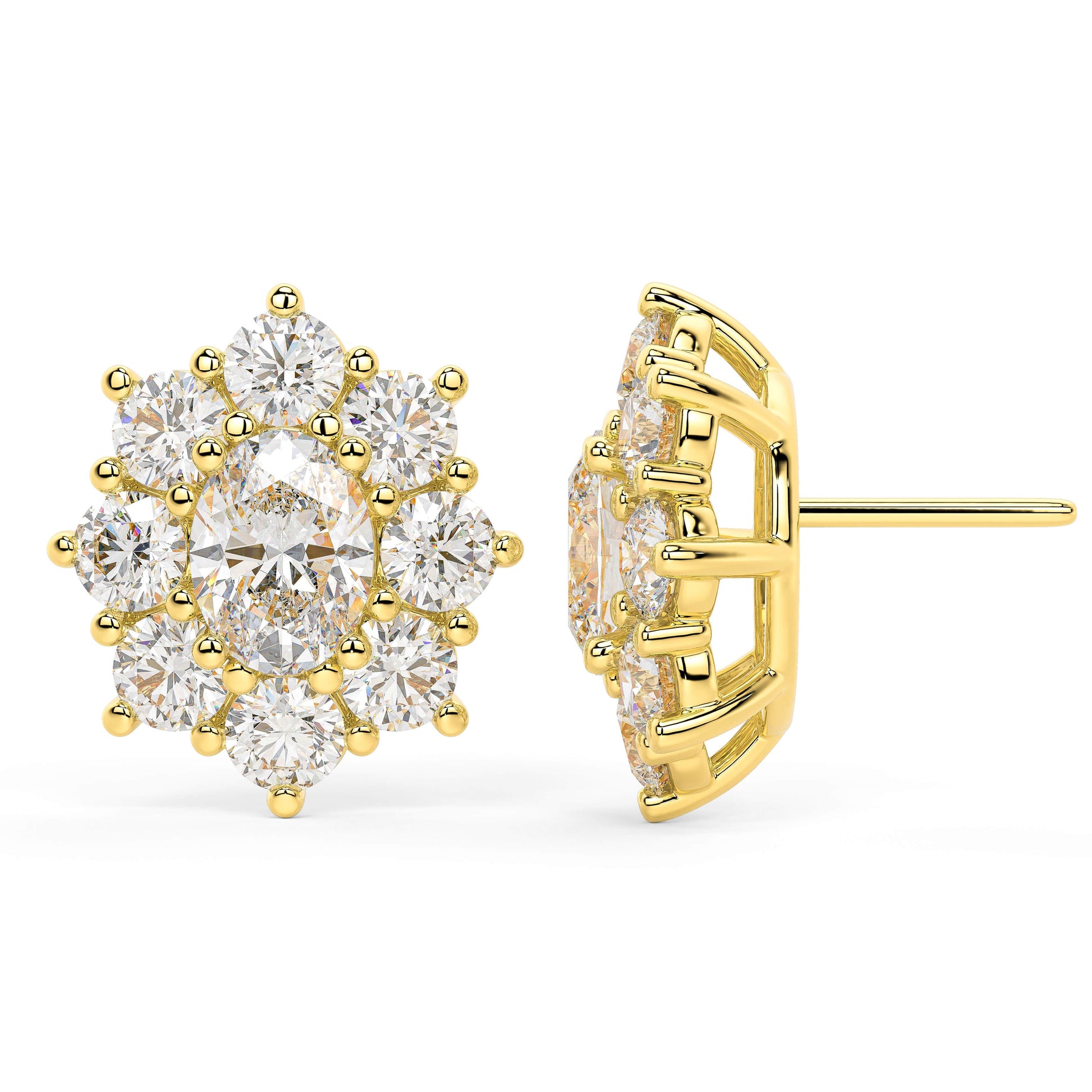 Side view of yellow gold lab-grown diamond oval halo earrings displaying post backing and intricate cluster setting with round diamonds, fine jewelry detail
