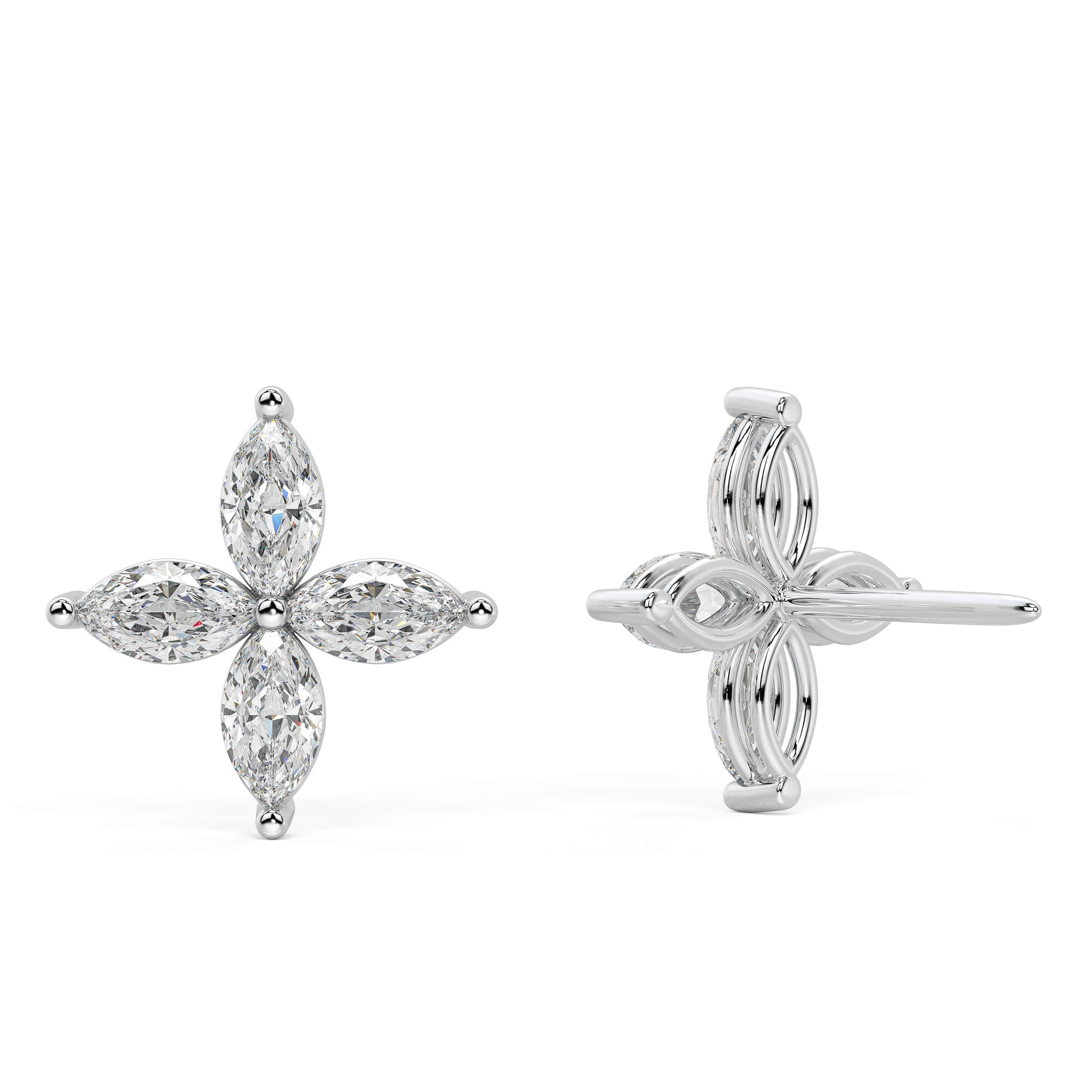 Rear view of white gold lab grown diamond marquise floral earrings displaying post backing and four petal design