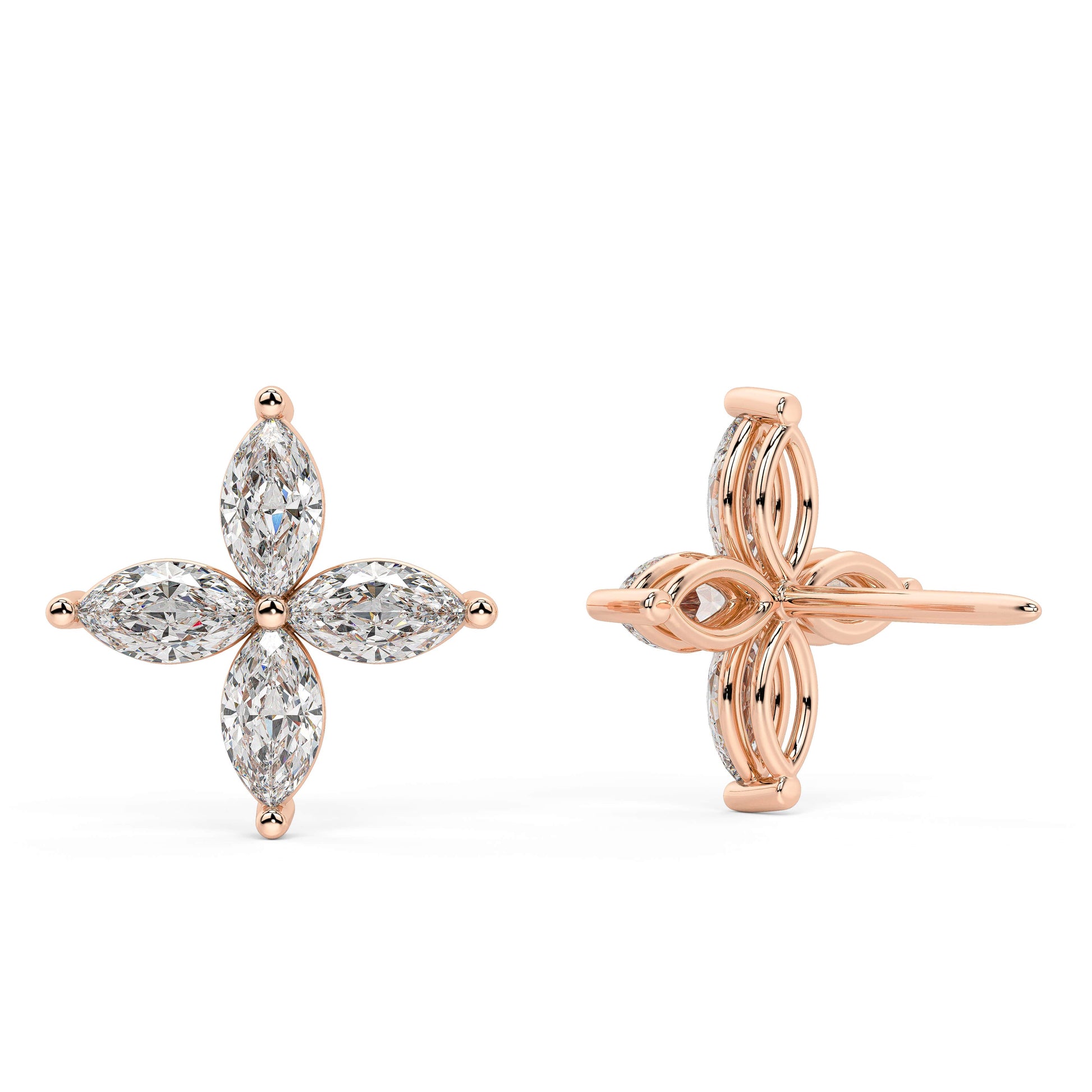 Rear view of rose gold lab grown diamond marquise floral earrings displaying post backing and four petal design