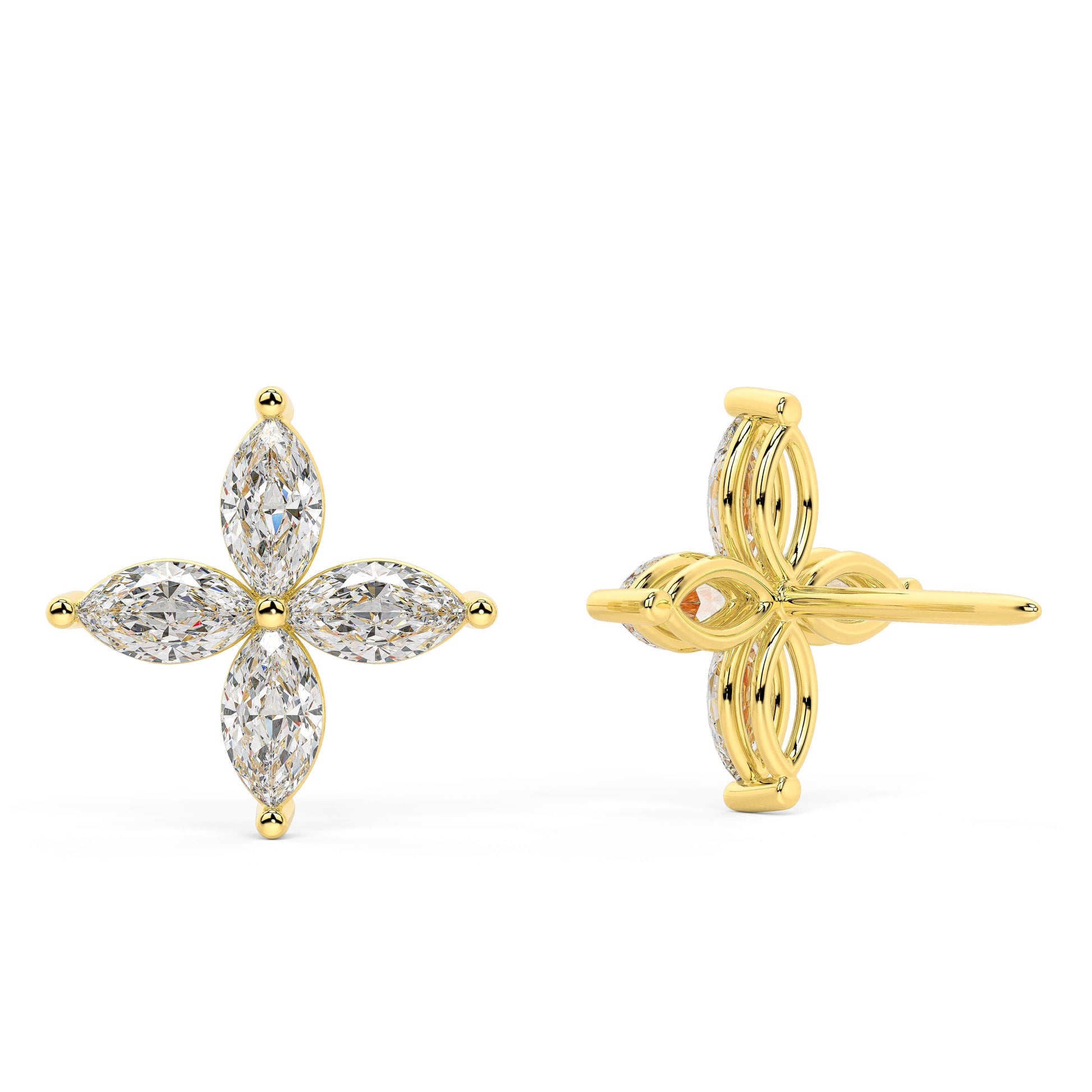 Rear view of yellow gold lab grown diamond marquise floral earrings displaying post backing and four petal design
