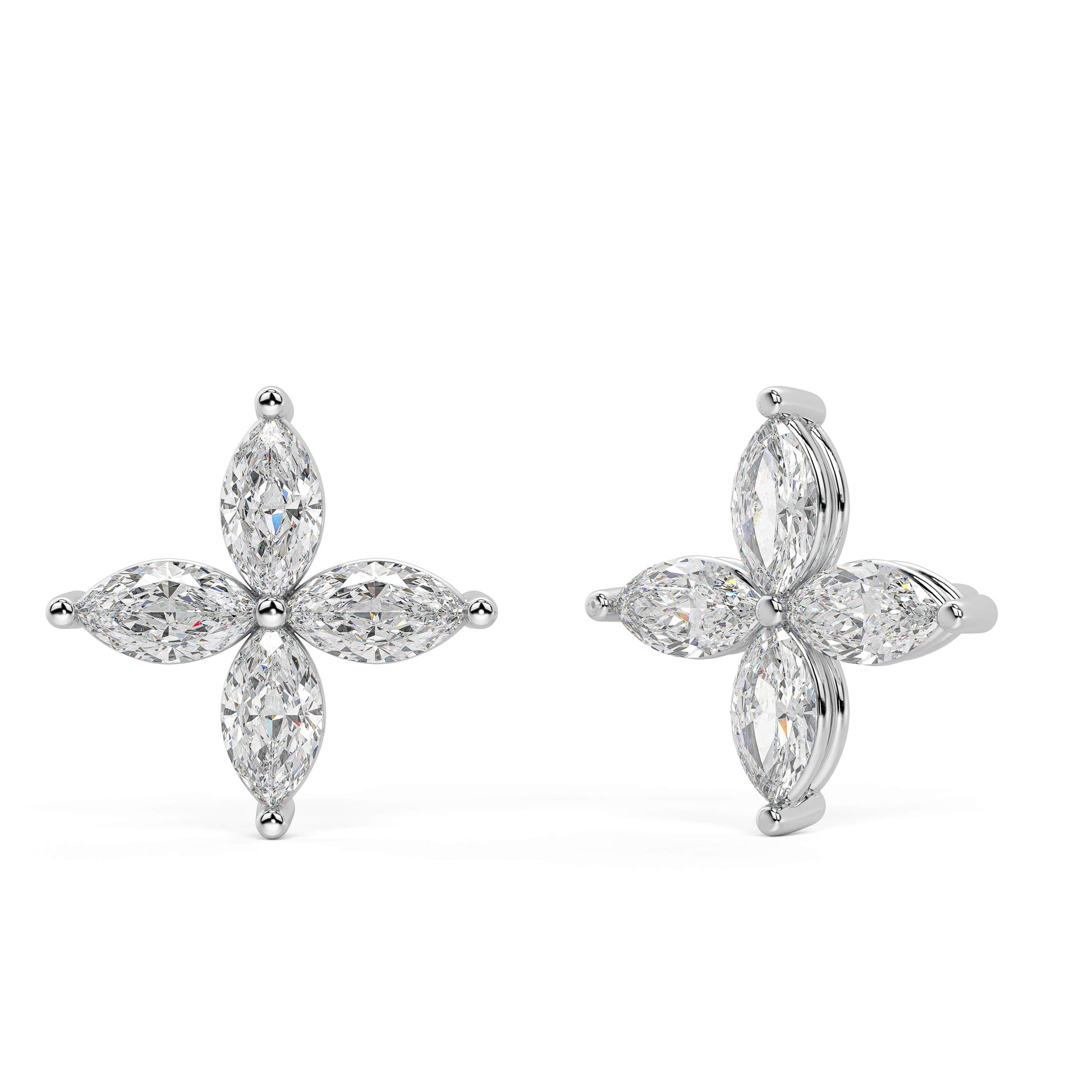White gold lab grown diamond floral stud earrings with marquise cuts in four petal pattern front view on white background