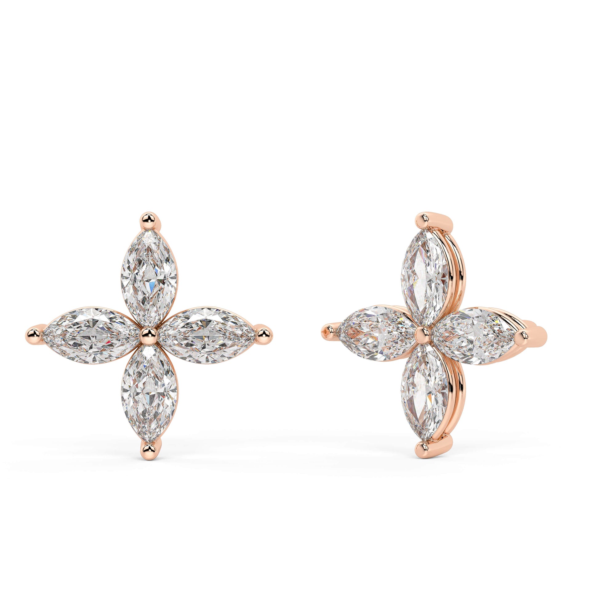 Rose gold lab grown diamond floral stud earrings with marquise cuts in four petal pattern front view on white background
