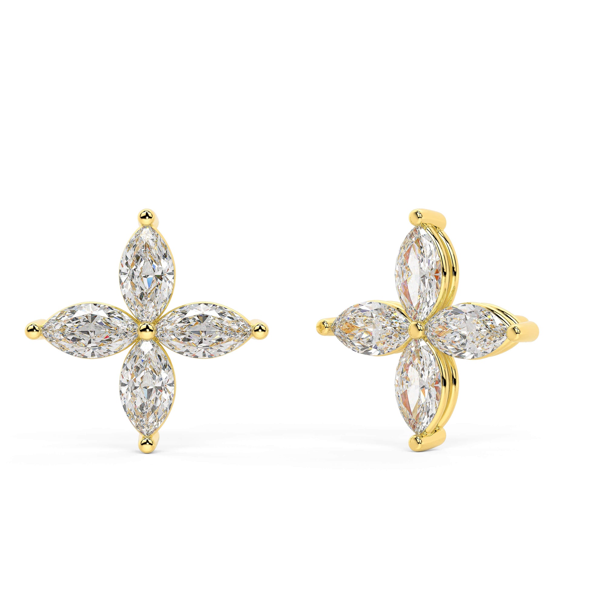 Yellow gold lab grown diamond floral stud earrings with marquise cuts in four petal pattern front view on white background