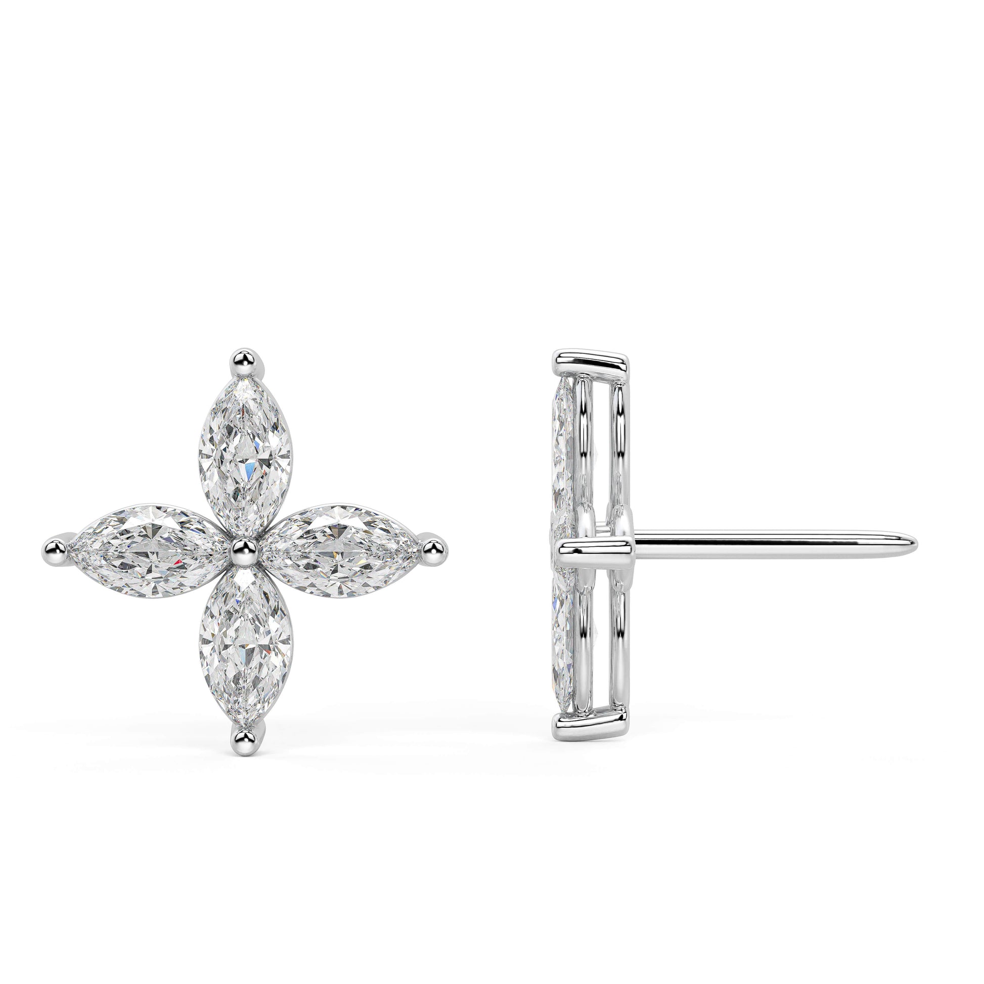 Side view of white gold lab grown diamond floral earrings featuring marquise cut stones and secure post on white background