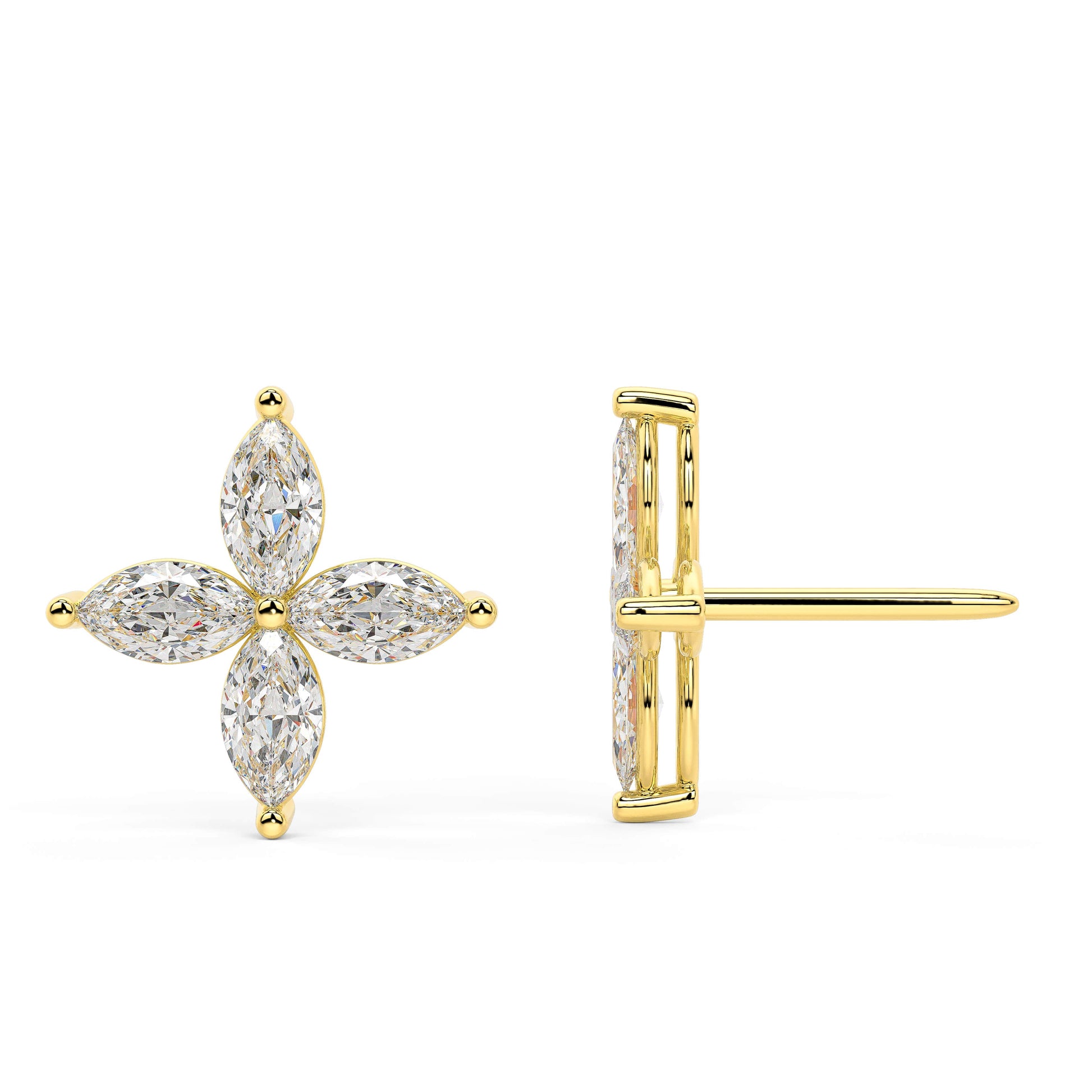 Side view of yellow gold lab grown diamond floral earrings featuring marquise cut stones and secure post on white background