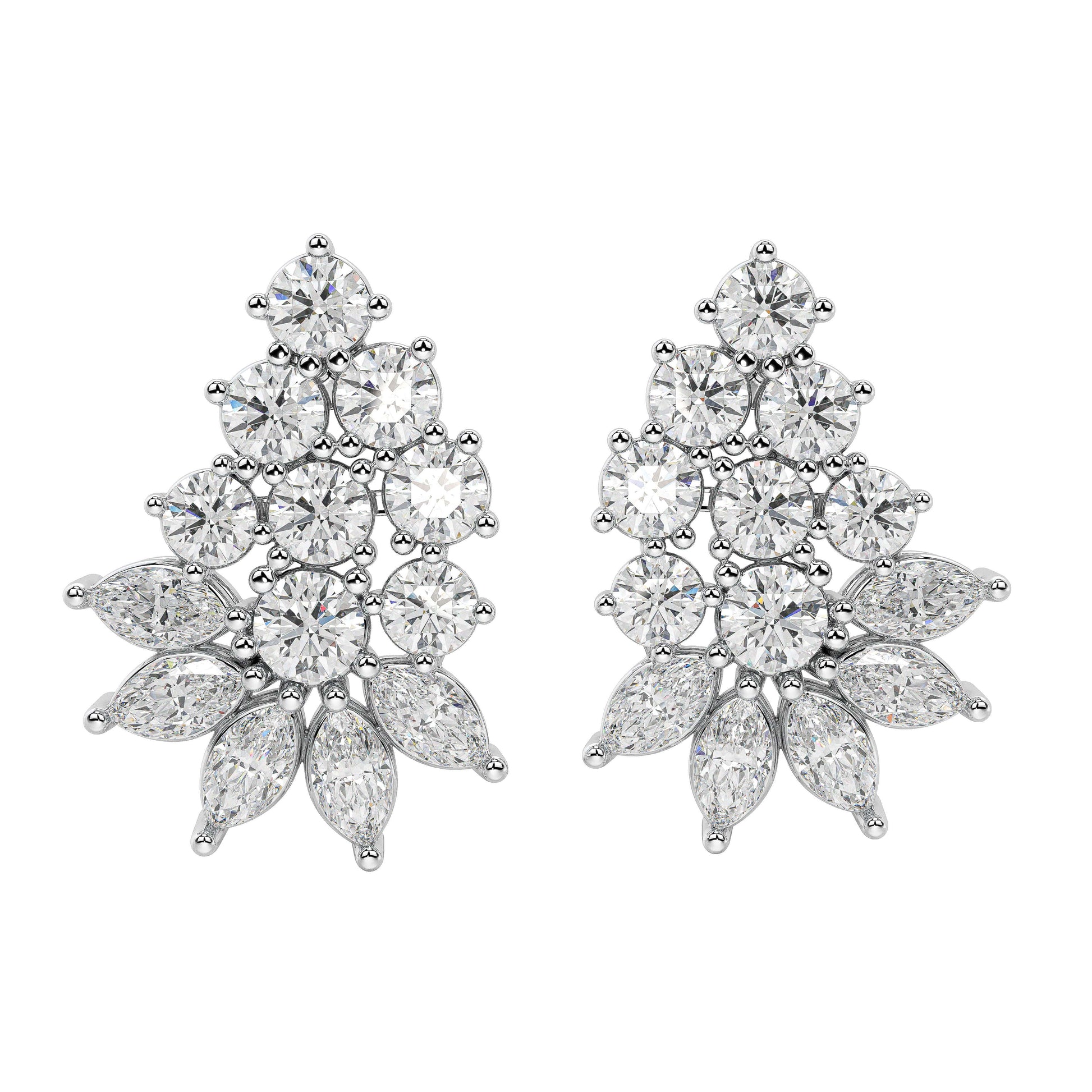White gold tiered diamond studs angled view, pear shaped petals with brilliant centers in dimensional design, luxury lab grown diamond earrings