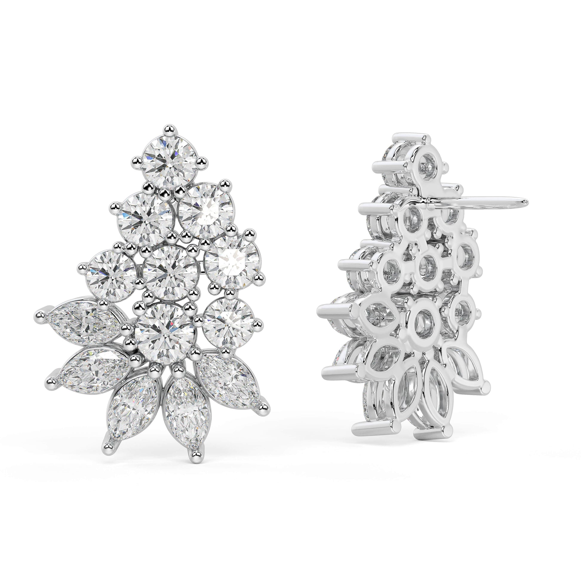 White gold diamond tiered cluster earrings full angled shot, blooming pear and round design, perfect gift lab diamond jewelry