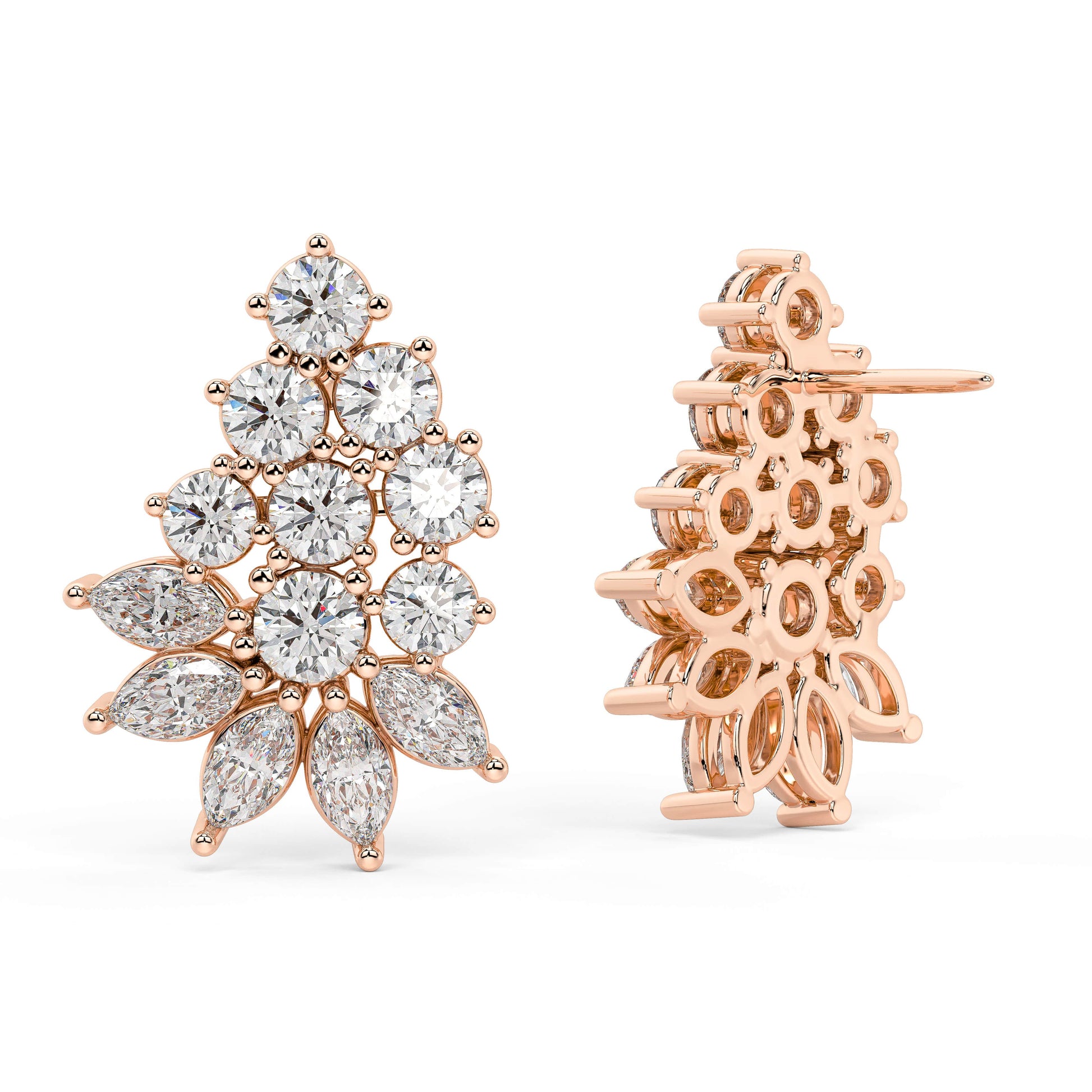 Rose gold diamond cluster studs worn on ear, sparkling multi-petaled floral design close-up, stylish rose gold tiered diamond earrings for women
