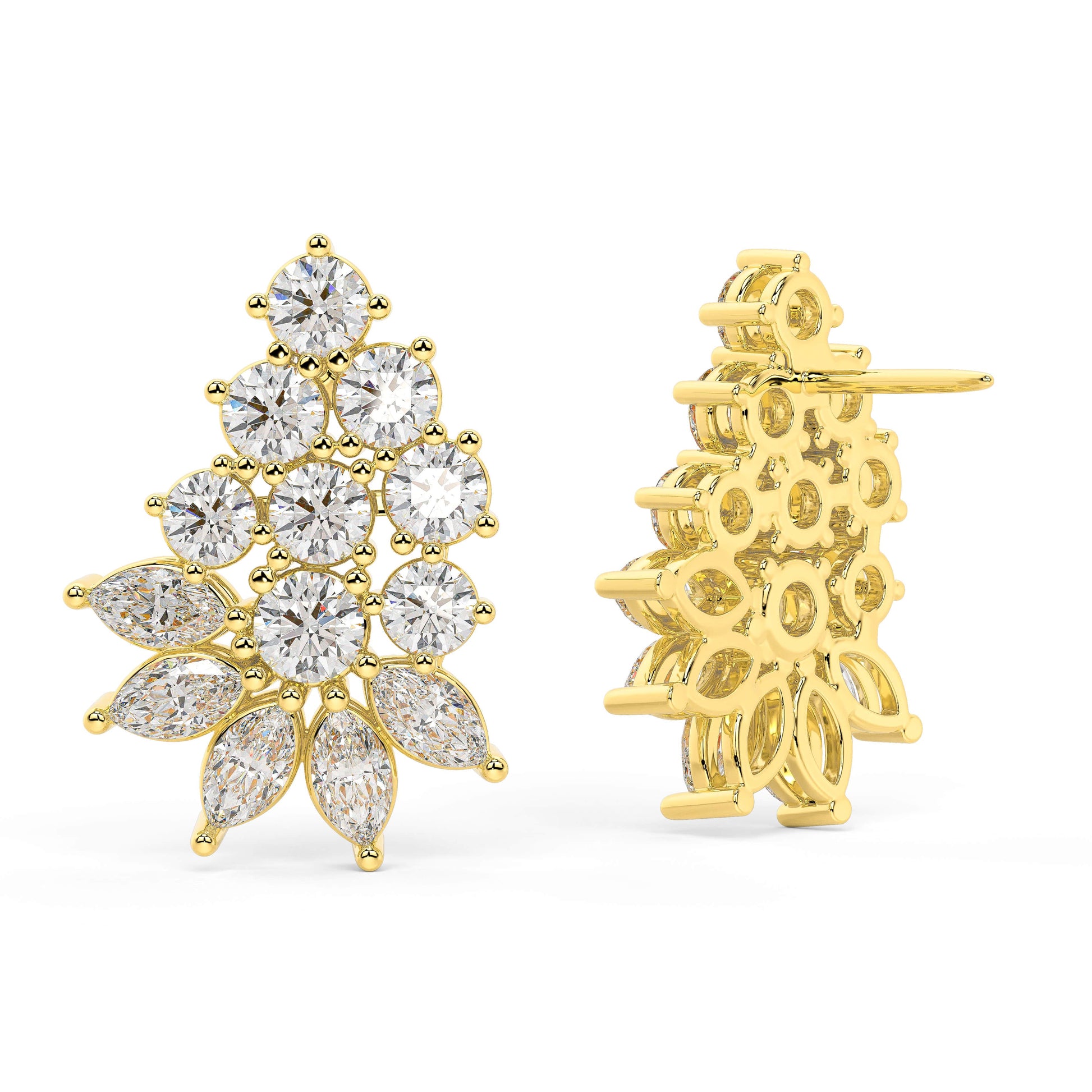 Yellow gold diamond flower studs full side view, prong-set tiered pear and round design with gold accents, contemporary cluster diamond jewelry