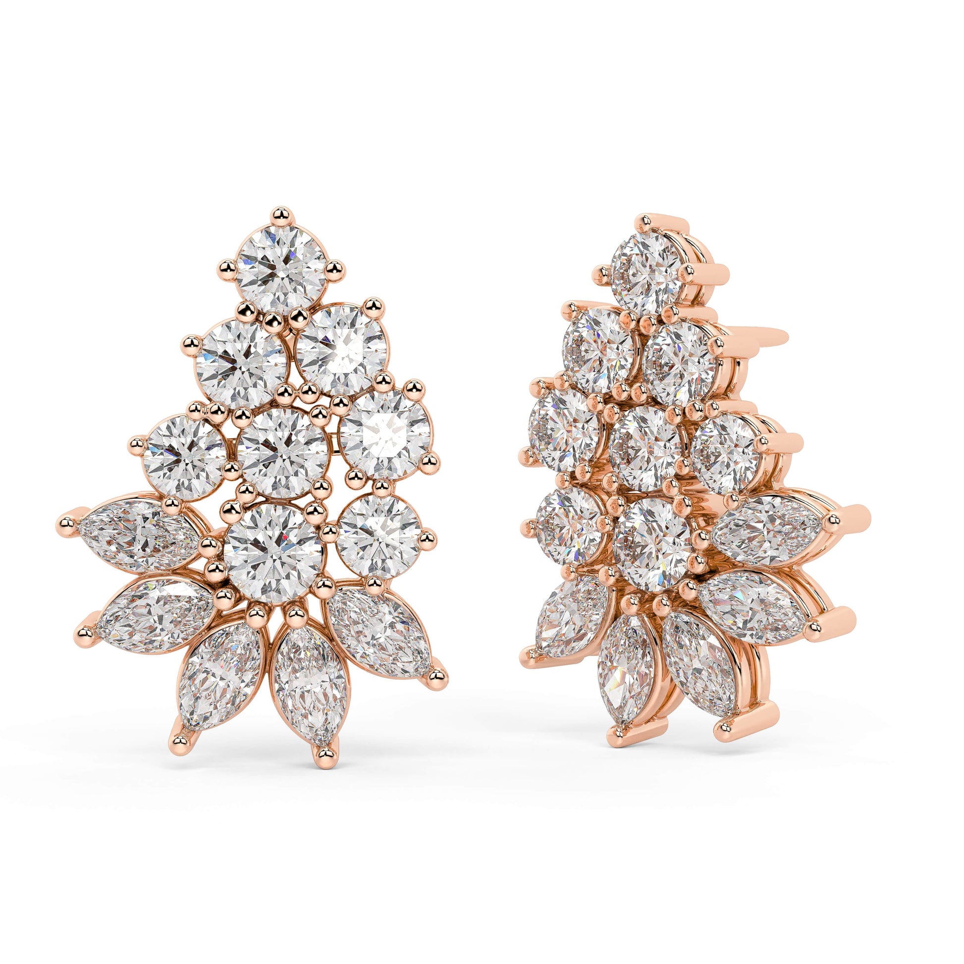 Rose gold tiered diamond stud earrings side view with post, secure backing and prong details, rose gold pear marquise cluster earrings