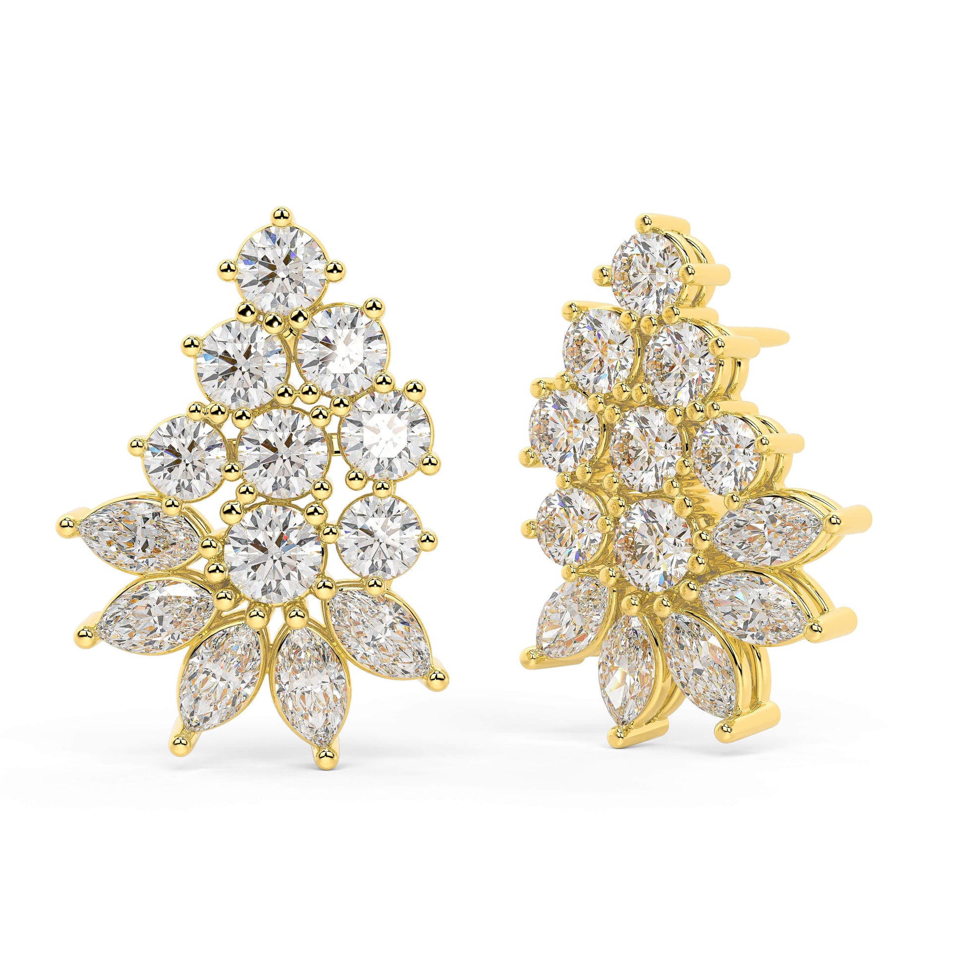 Yellow gold tiered diamond stud earrings angled view, pear and round cuts in blooming floral formation, high-quality lab diamond fine jewelry