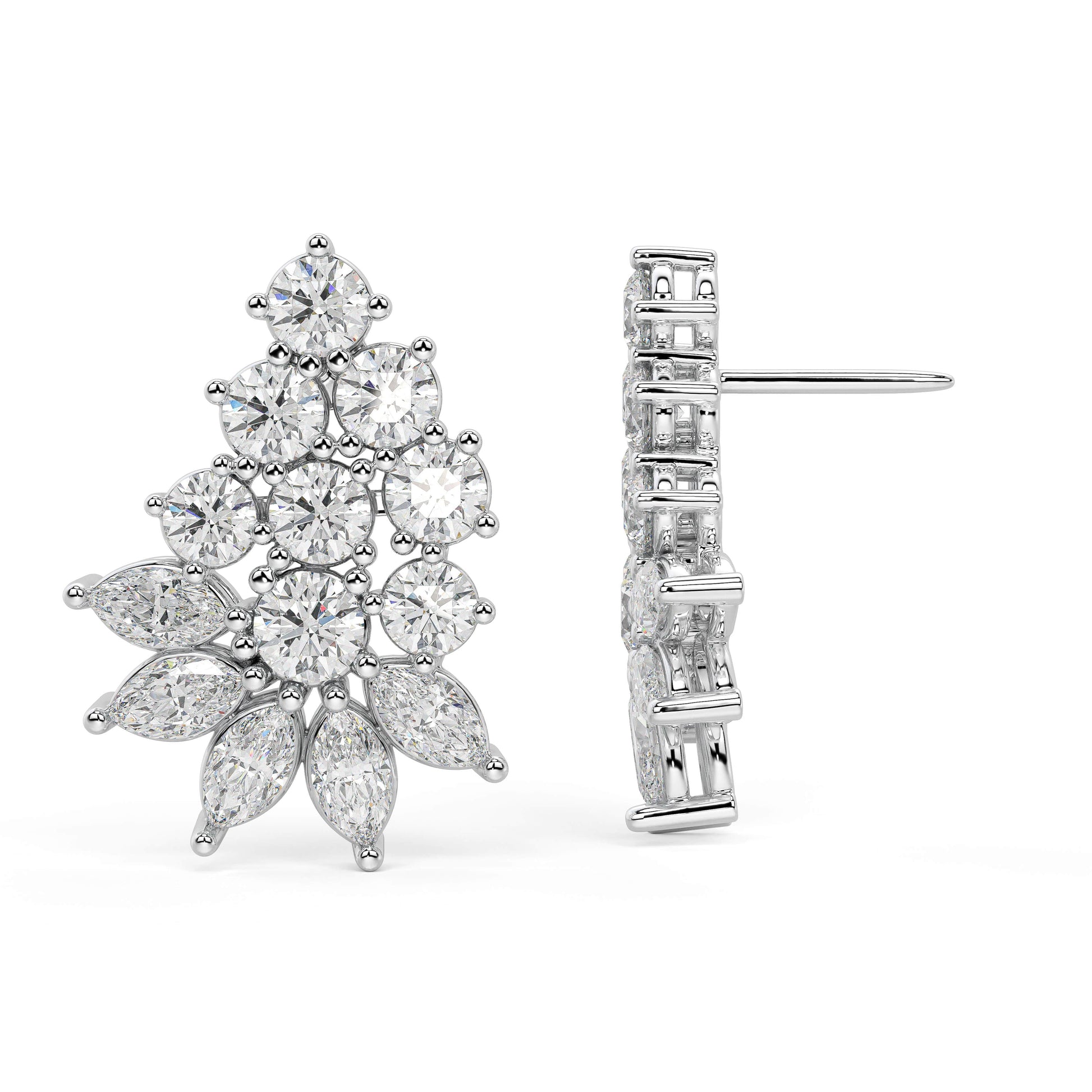 White gold marquise floral cluster earrings side profile with backing, secure screw post and prong details, classic white gold multi-diamond studs