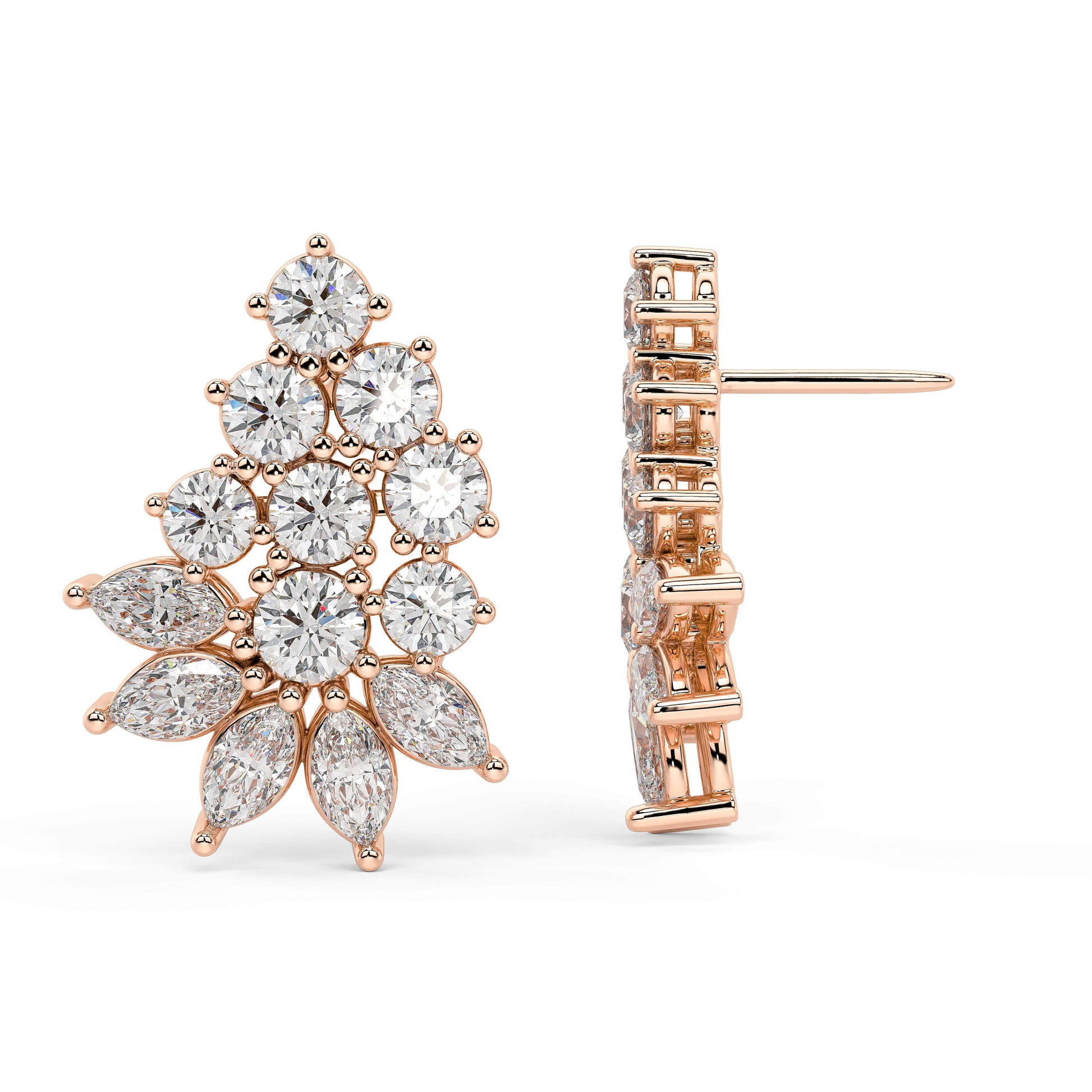Rose gold marquise diamond cluster earrings angled profile, tiered floral with round brilliant accents, luxurious rose gold fine jewelry