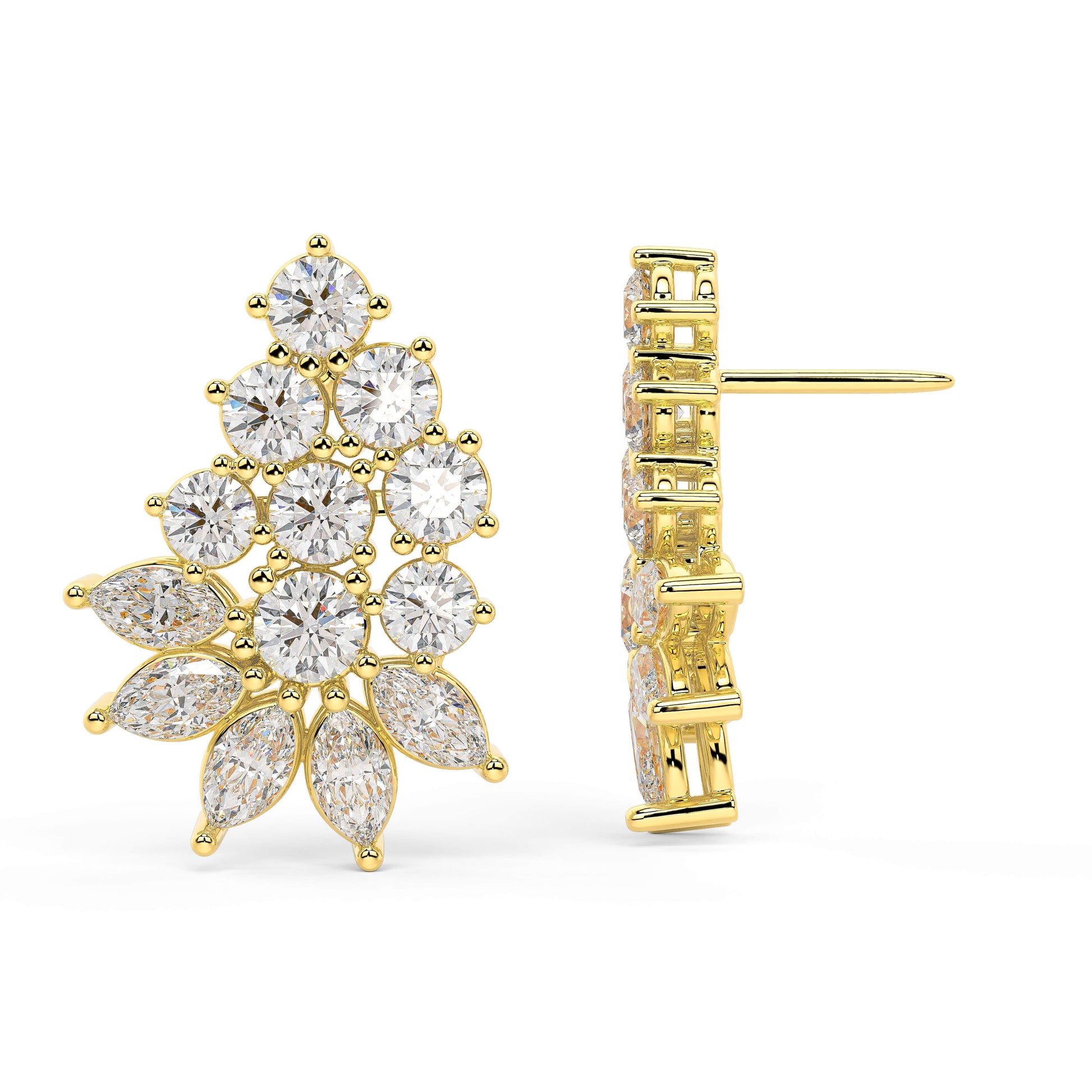 Yellow gold marquise cluster diamond earrings side profile, secure post backing visible, timeless multi-petal floral diamond studs in 14k gold
