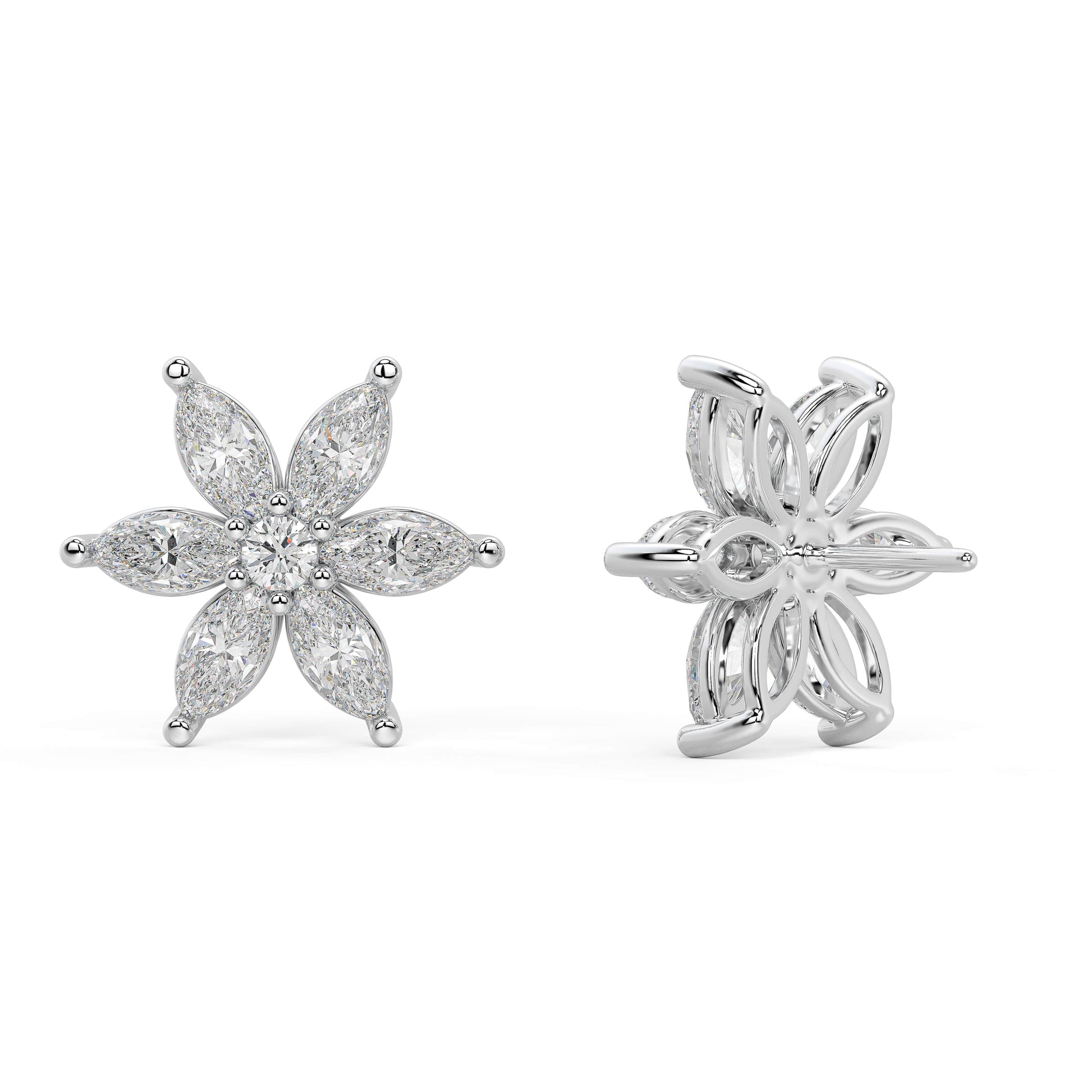 White gold diamond floral cluster earrings full angled shot, blooming marquise and round design, perfect gift lab diamond jewelry