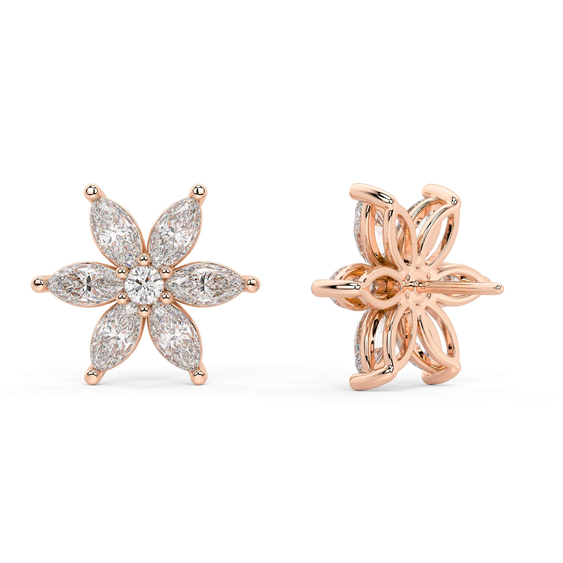 Rose gold diamond floral studs worn on ear, sparkling six-petaled marquise cluster close-up, stylish rose gold flower diamond earrings for women