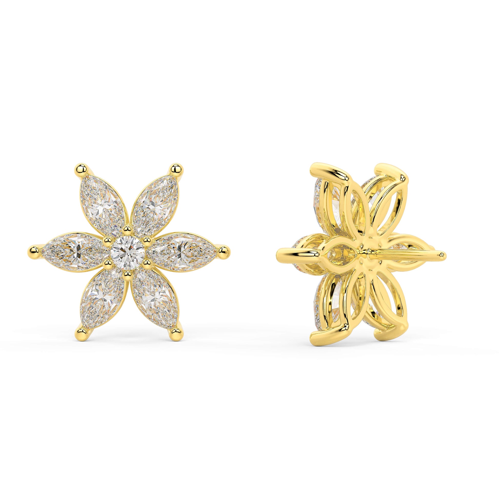 Yellow gold diamond flower studs full side view, prong-set six marquise petals with central diamond and bead accents, contemporary floral diamond jewelry