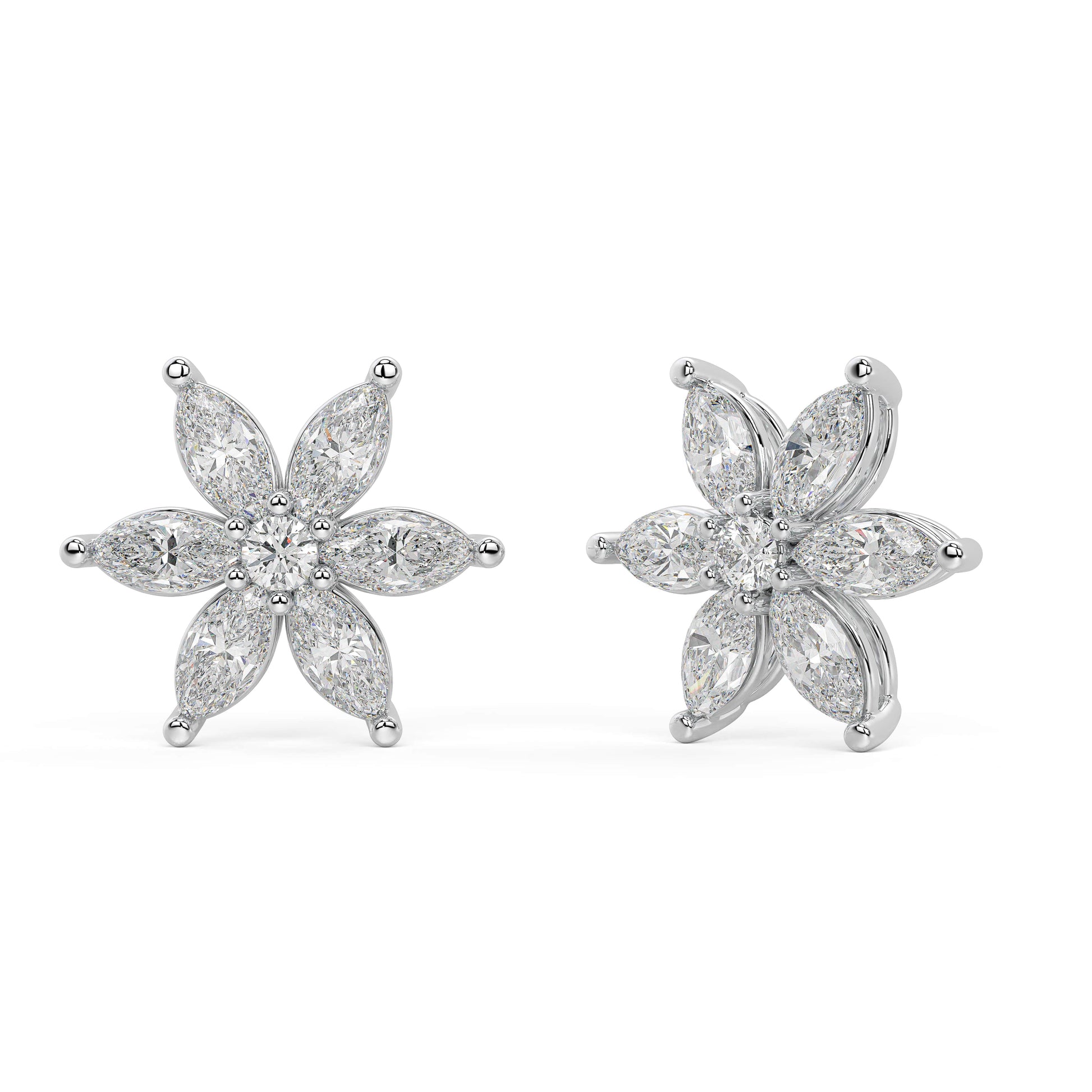 White gold six-petal diamond studs angled view, central round brilliant with marquise petals, luxury lab grown floral diamond earrings