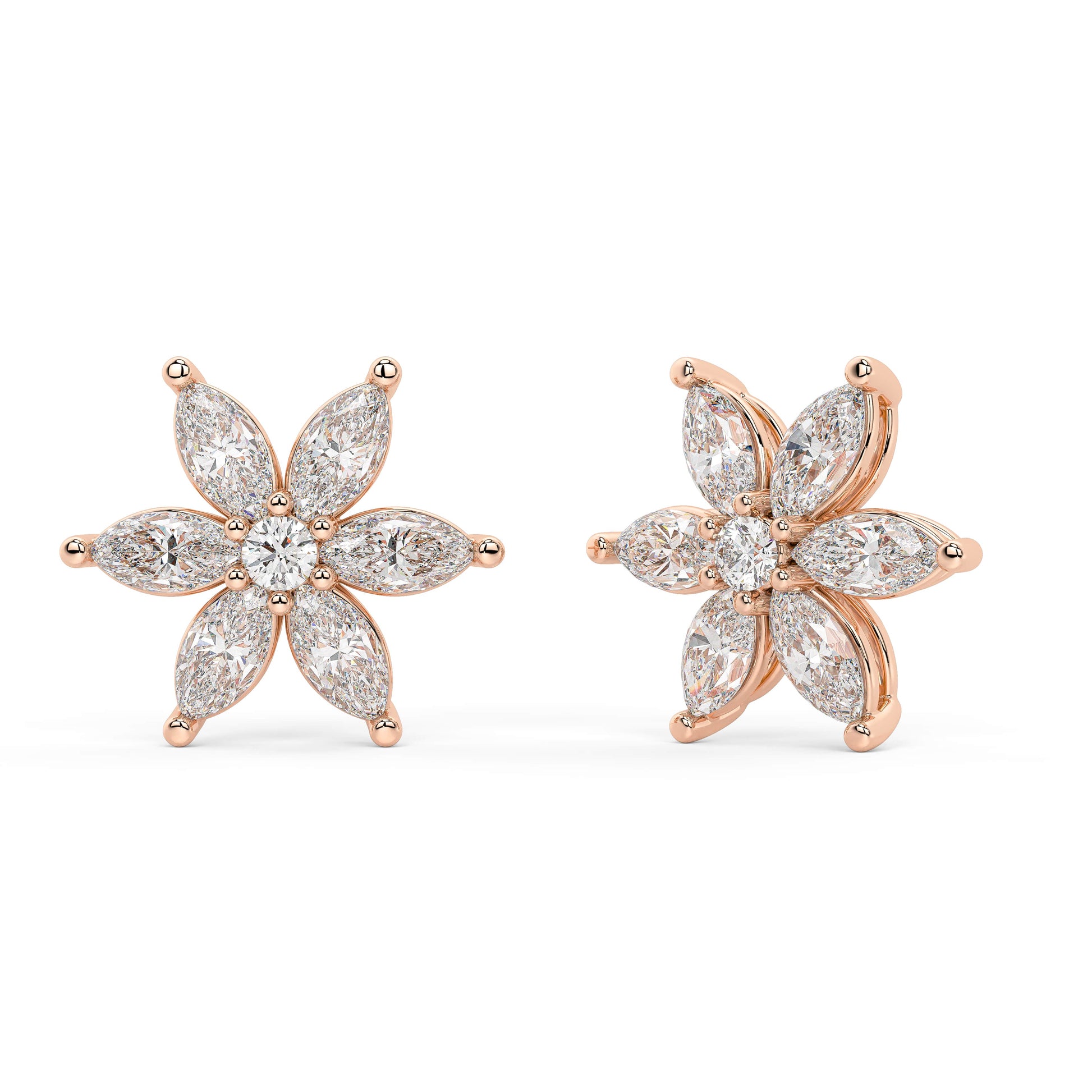 Rose gold six-petal diamond stud earrings side view with post, secure backing and prong details, rose gold marquise floral diamond earrings