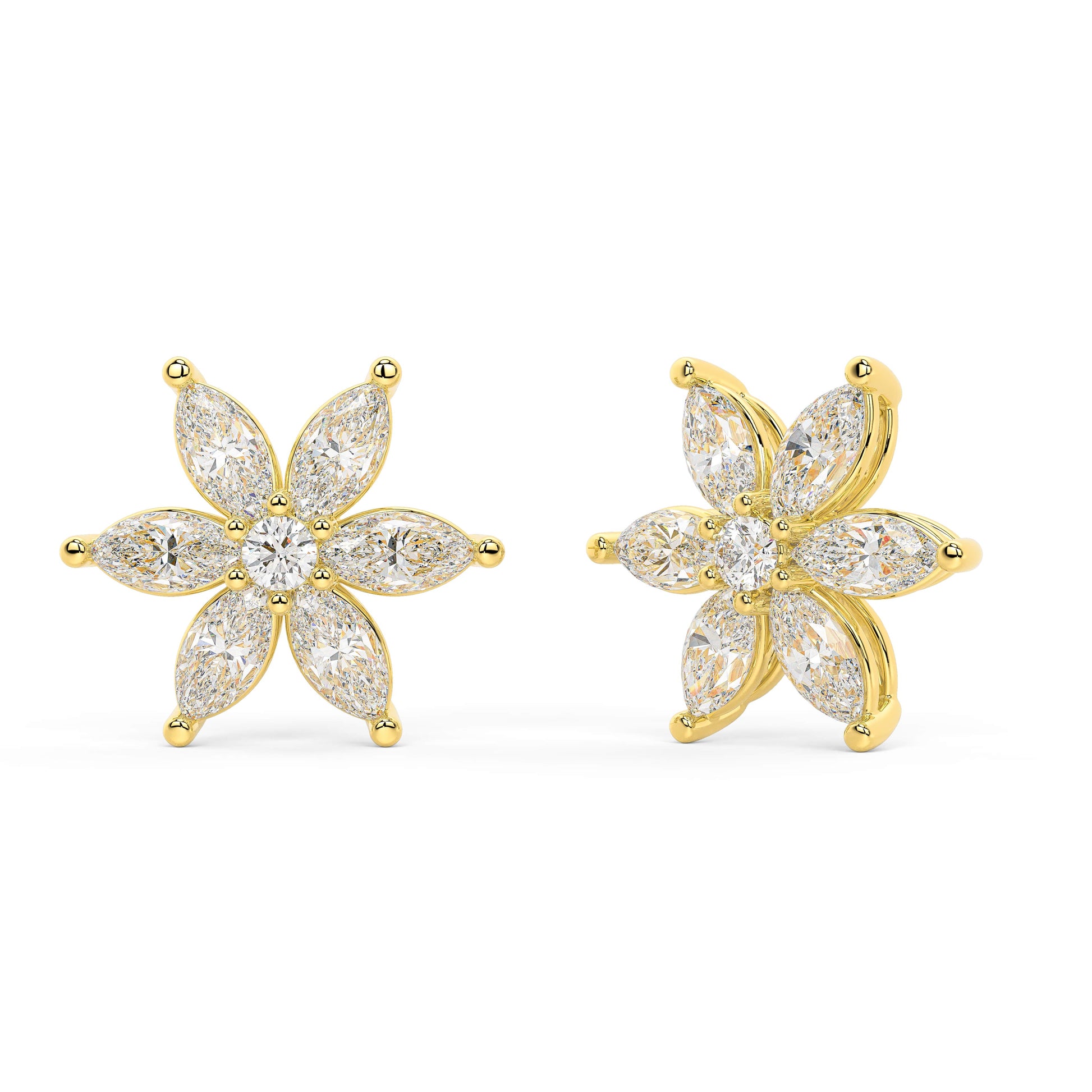 Yellow gold six-petal diamond flower earrings angled view, marquise cuts surrounding central round brilliant, high-quality lab diamond fine jewelry