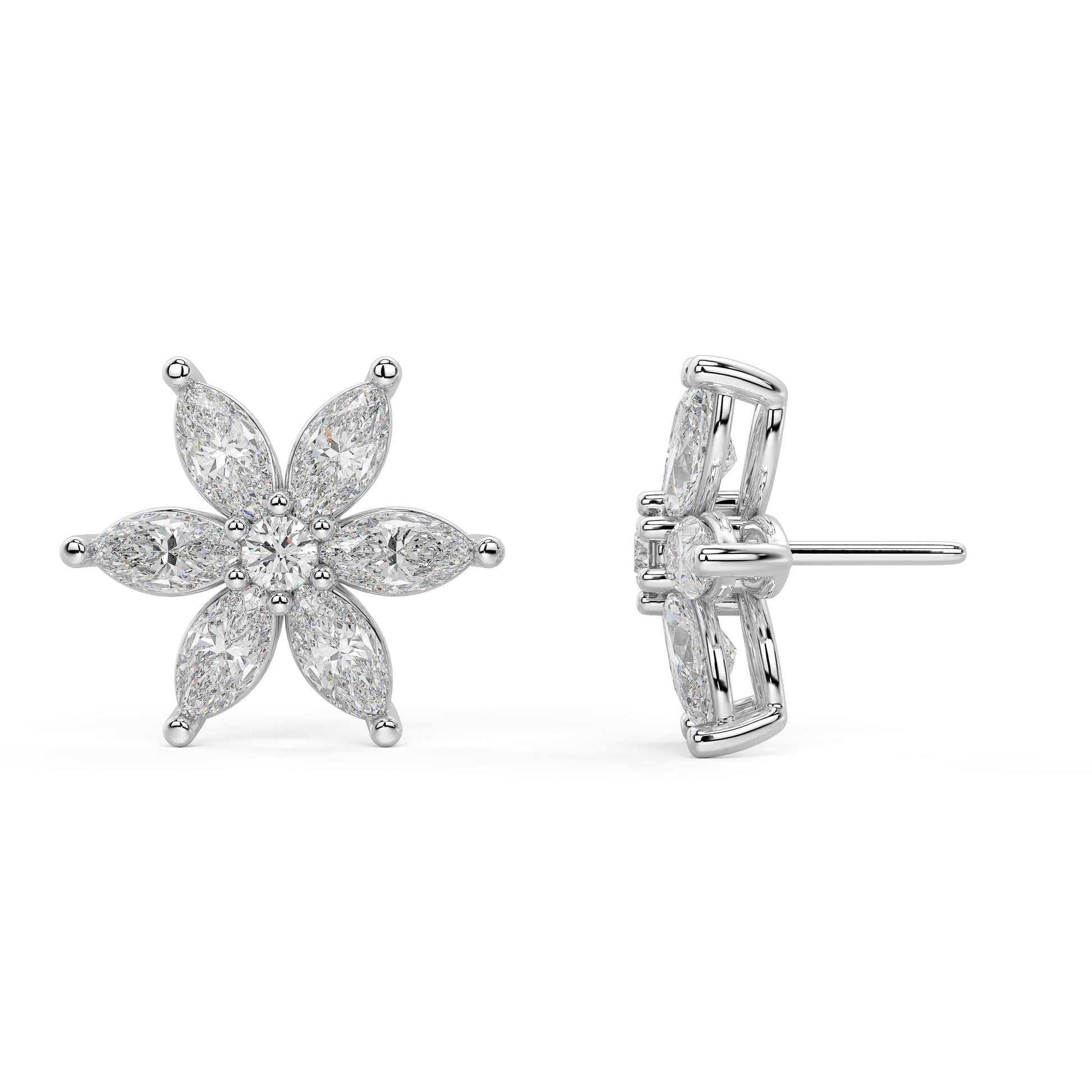 White gold marquise flower diamond earrings side profile with backing, secure screw post and prong details, classic white gold six-petal studs