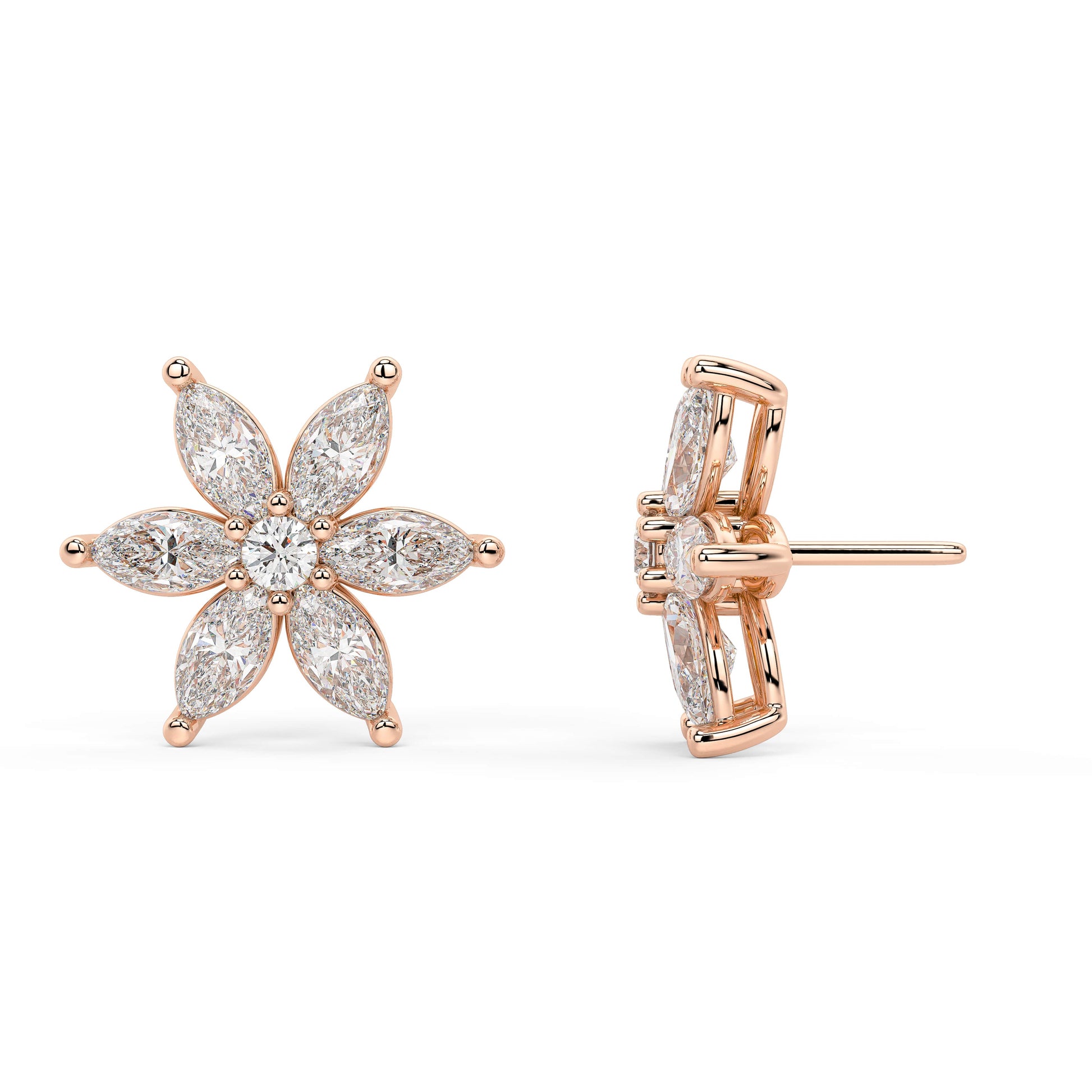 Rose gold marquise diamond flower earrings angled profile, central round brilliant with six petal cuts, luxurious rose gold fine jewelry