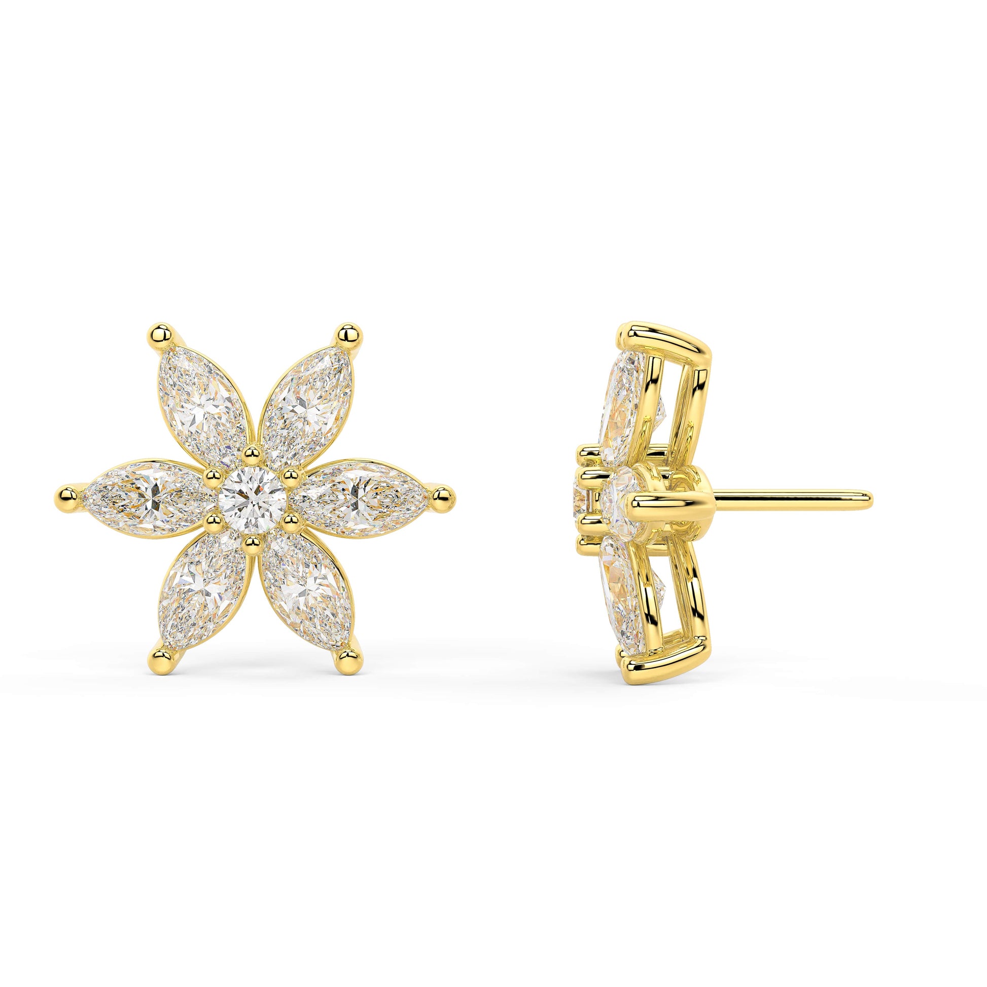 Yellow gold marquise floral stud earrings side profile, secure post backing visible, timeless petal flower diamond earrings in 14k gold