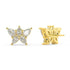 Yellow gold halo diamond stud earrings full side view, prong-set center and accent diamonds with gold basket, contemporary halo jewelry design