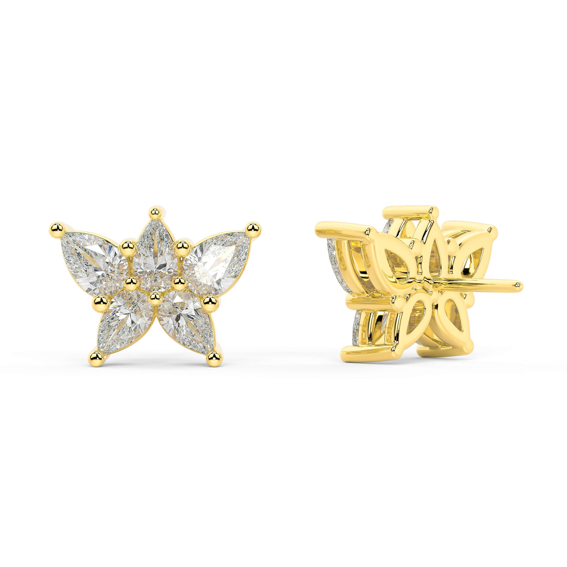 Yellow gold halo diamond stud earrings full side view, prong-set center and accent diamonds with gold basket, contemporary halo jewelry design