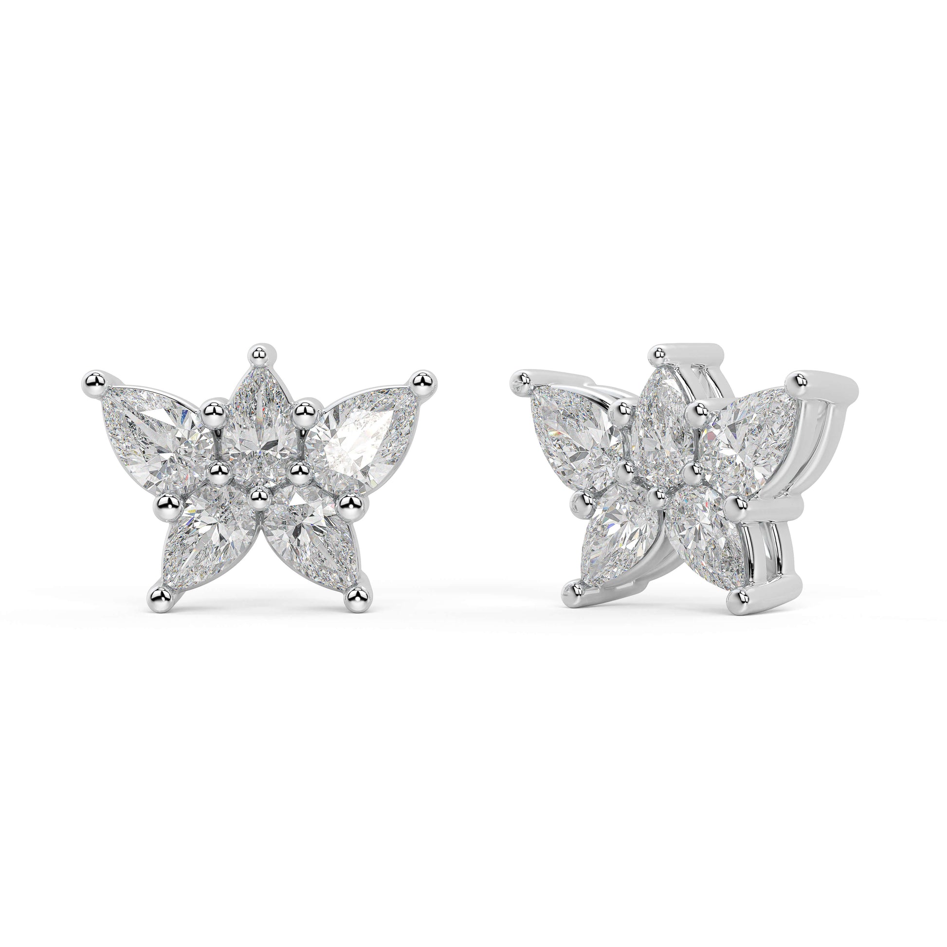 White gold diamond halo studs angled view, central round brilliant surrounded by Pavé accents, luxury lab grown halo diamond earrings