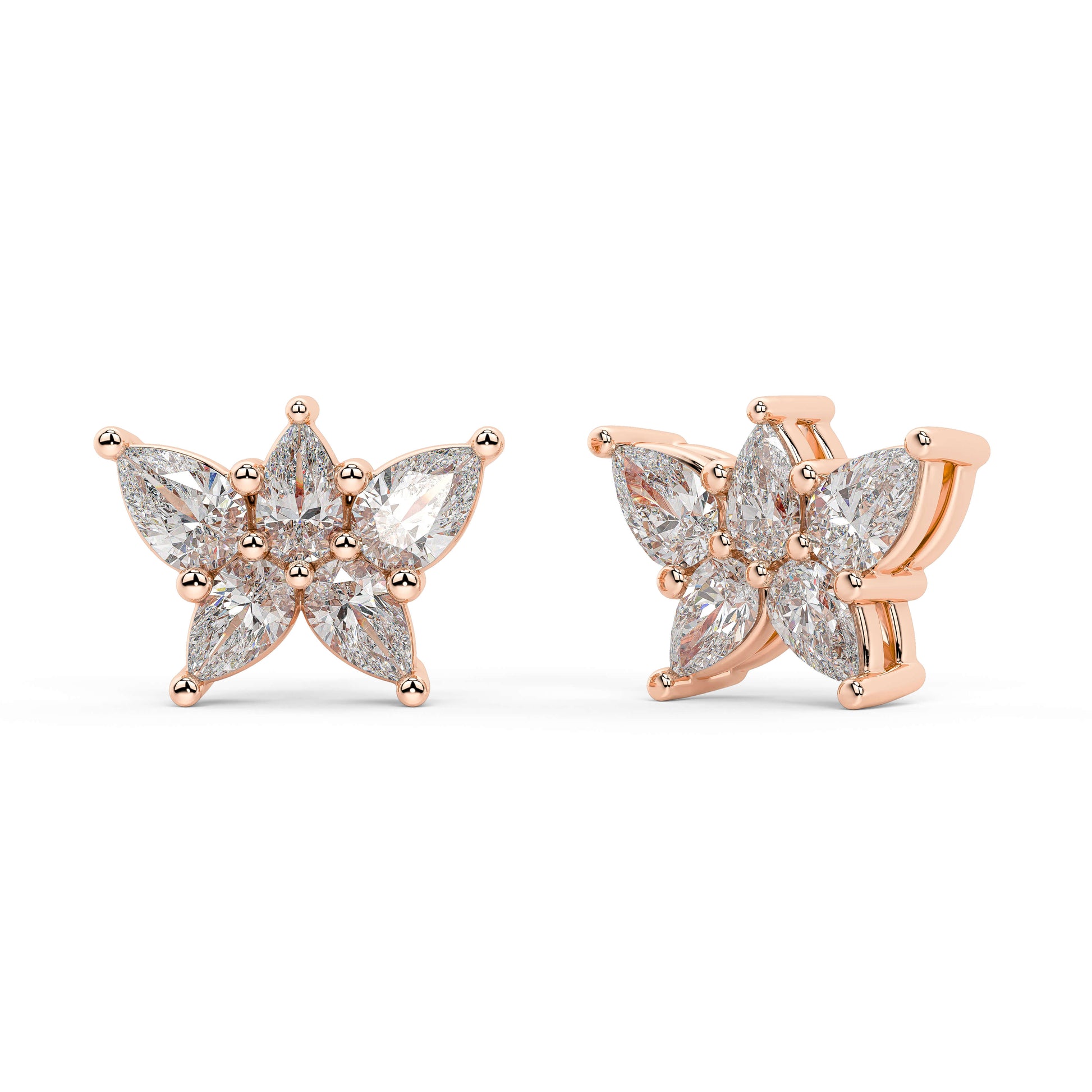 Rose gold diamond halo studs side view with post, secure backing and prong details, rose gold classic halo diamond earrings