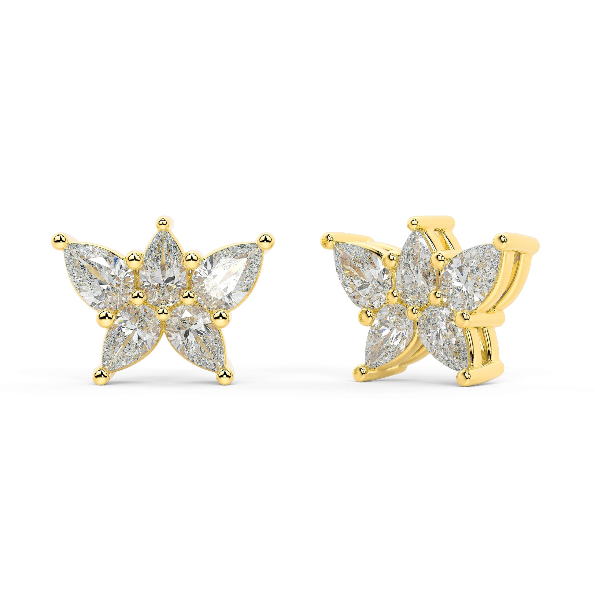 Yellow gold diamond halo studs angled view, central round brilliant cut with micro-Pavé halo, high-quality lab diamond fine jewelry product shot