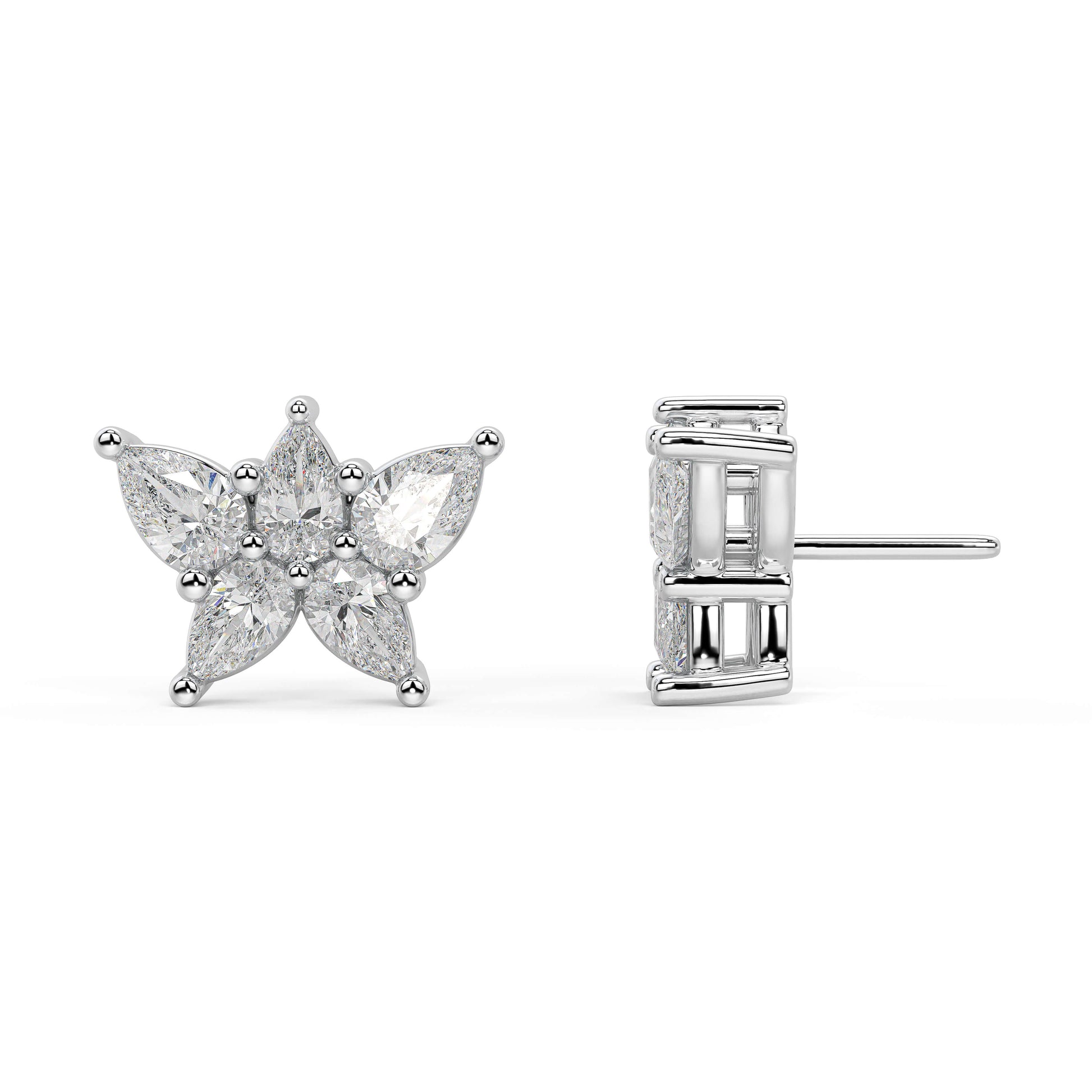 White gold round halo diamond earrings side profile with backing, secure screw post and prong details, classic white gold halo studs