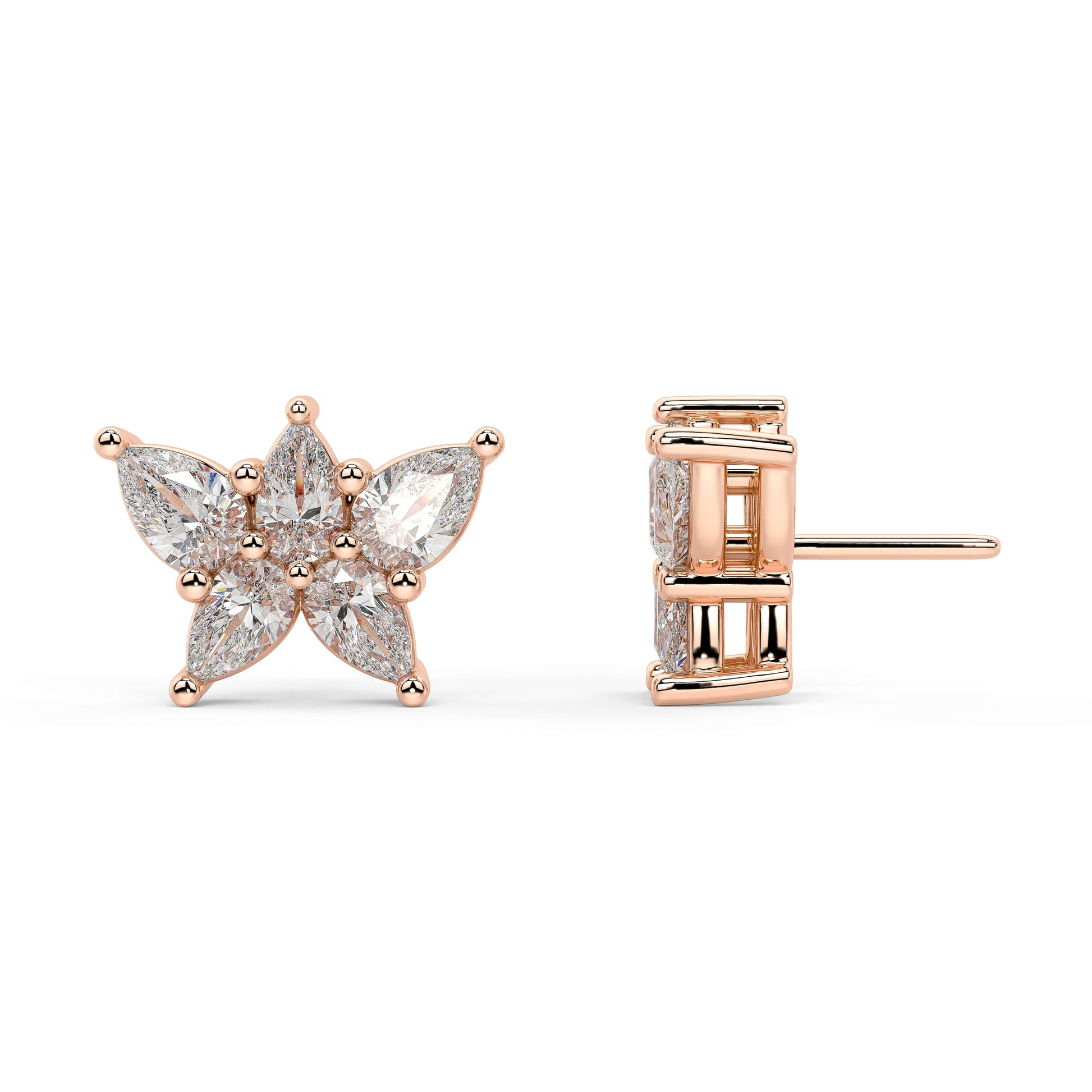 Rose gold round halo diamond earrings angled profile, central brilliant cut with full halo sparkle, luxurious rose gold fine jewelry