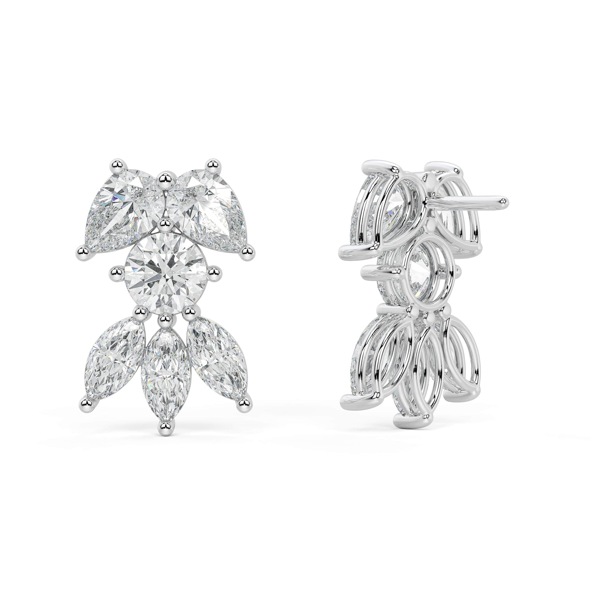White gold round pear diamond cluster earrings full angled shot, sparkling layered bow design, perfect gift lab diamond jewelry